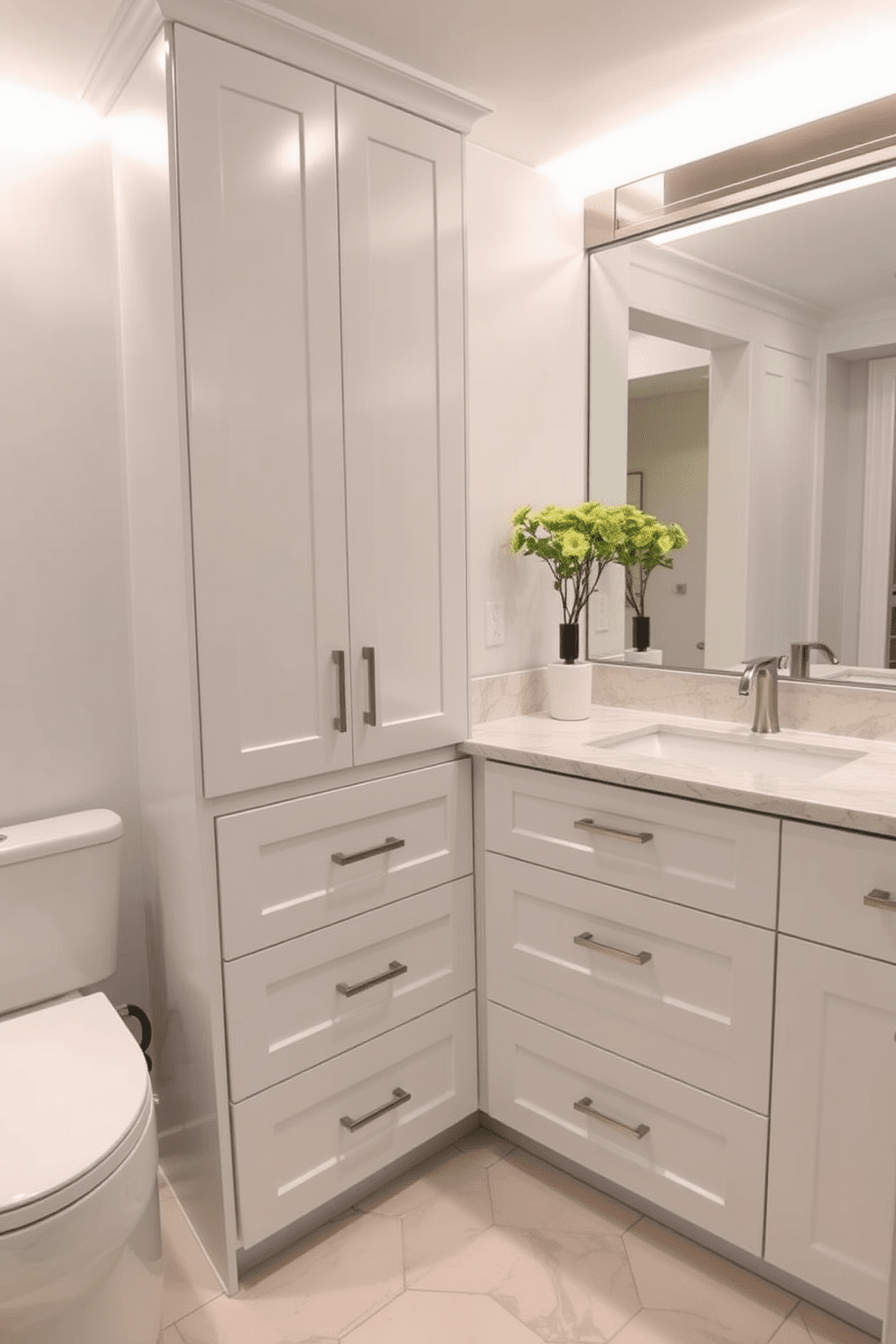 A modern bathroom featuring sleek cabinets with pull-out drawers for convenience and easy access. The cabinetry is finished in a soft white lacquer with brushed nickel hardware, complementing the overall clean aesthetic of the space. The countertop is a stunning quartz surface with subtle veining, providing a luxurious touch. Above the cabinets, ambient lighting is integrated into the design, creating a warm and inviting atmosphere.