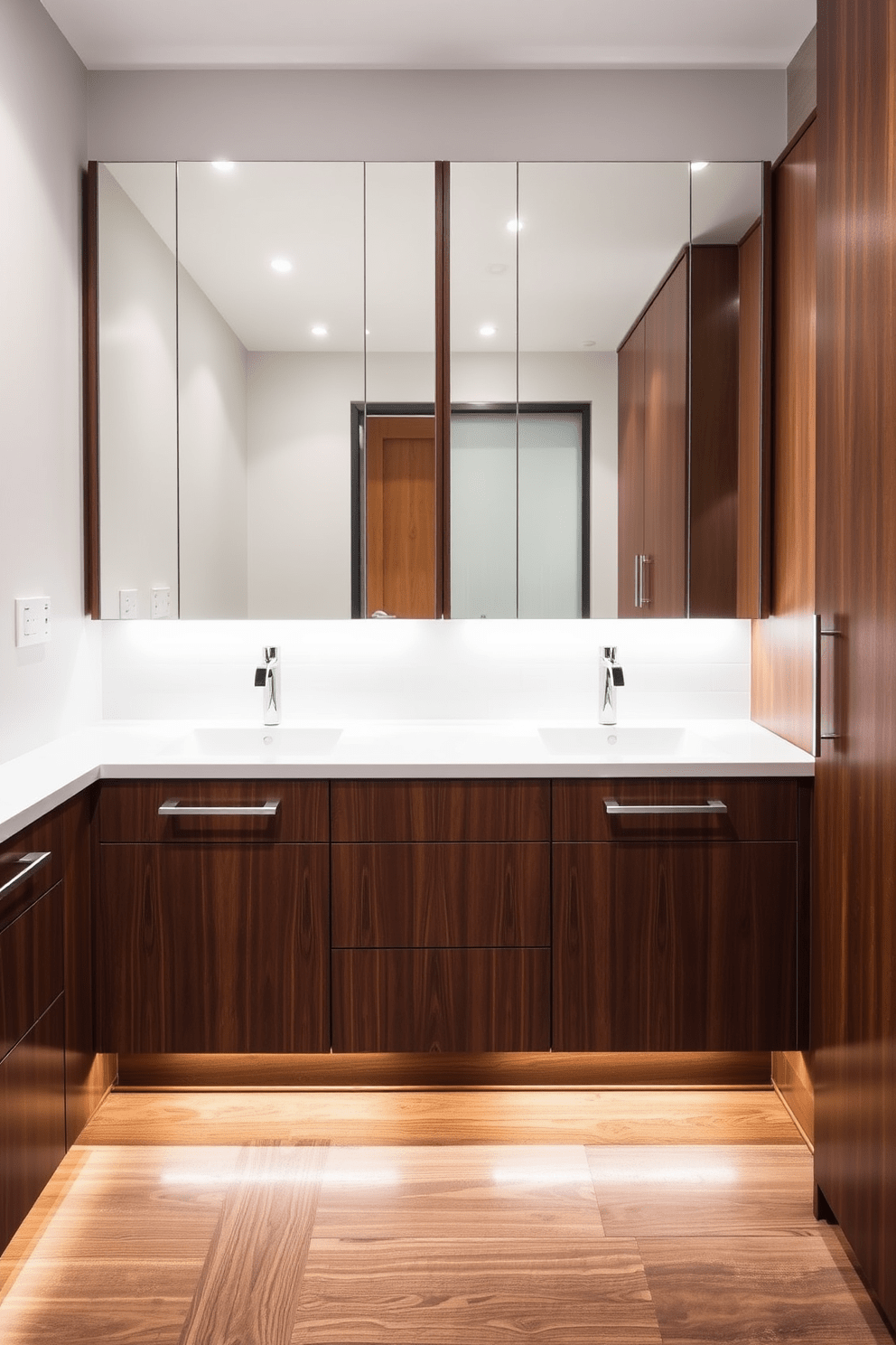 A modern bathroom features sleek cabinets with integrated sink designs that maximize space and enhance functionality. The cabinetry is finished in a rich walnut wood, providing warmth and elegance to the overall aesthetic. The countertop is a seamless white quartz that complements the cabinetry, creating a clean and sophisticated look. Under-cabinet lighting illuminates the space, highlighting the textures and details of the design.