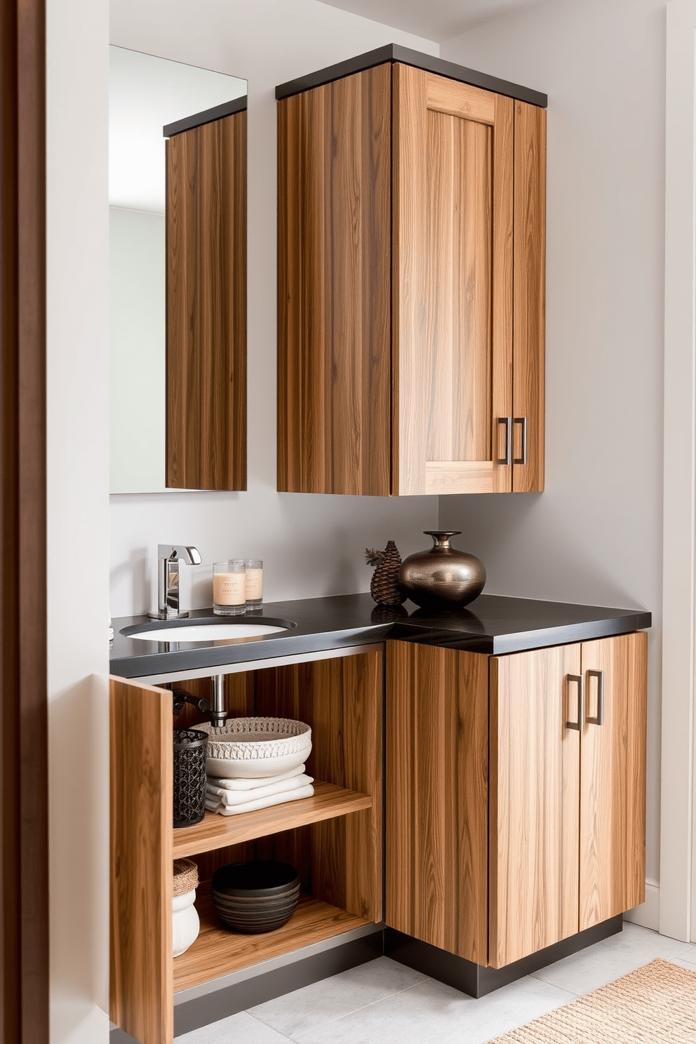 Stylish cabinets with open bottom shelves create a modern and functional bathroom space. The cabinets feature a sleek design with a combination of wood and metal finishes, complemented by decorative items displayed on the open shelves. The upper section of the cabinets is closed, providing ample storage while maintaining a clean look. The color palette consists of soft neutrals and earthy tones, enhancing the overall aesthetic of the bathroom.