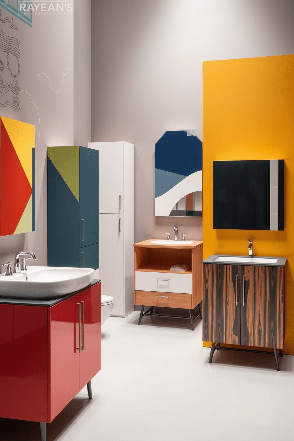 A collection of unique cabinets featuring bold geometric shapes and vibrant colors. Each cabinet showcases innovative designs that blend functionality with artistic flair, making them the focal point of any bathroom. The cabinets are crafted from high-quality materials, ensuring durability while maintaining a sleek appearance. Various finishes and textures are used to enhance their visual appeal, creating a stunning contrast against the bathroom walls.