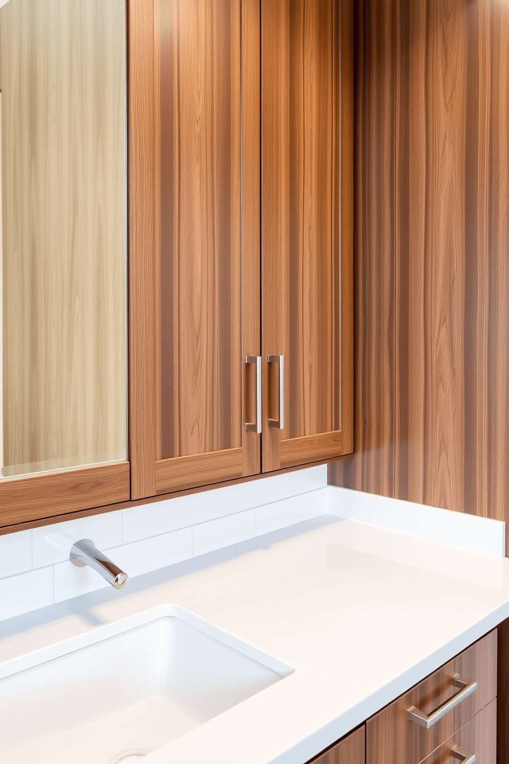 A sleek bathroom design featuring cabinets with contrasting countertop materials. The cabinets are a rich walnut wood, while the countertop showcases a crisp white quartz finish that adds brightness to the space. Incorporated into the design are modern handles in brushed nickel that complement the overall aesthetic. The cabinetry is arranged in a functional layout, providing ample storage while maintaining an elegant appearance.