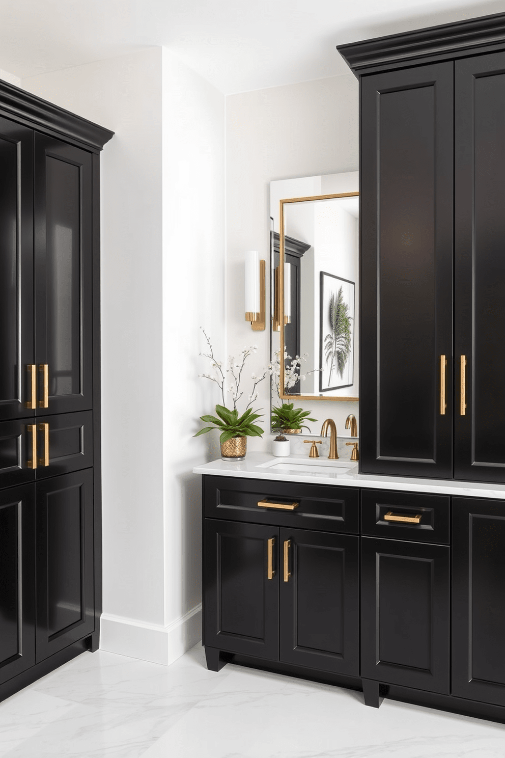 A striking bathroom design featuring bold black cabinets that create a dramatic contrast against lighter elements. The cabinets are complemented by sleek gold hardware and a white marble countertop that adds a touch of elegance. The walls are painted in a soft neutral tone to enhance the visual impact of the black cabinetry. A large mirror with a minimalist frame reflects the stylish design, while decorative accents like potted plants bring a fresh vibe to the space.