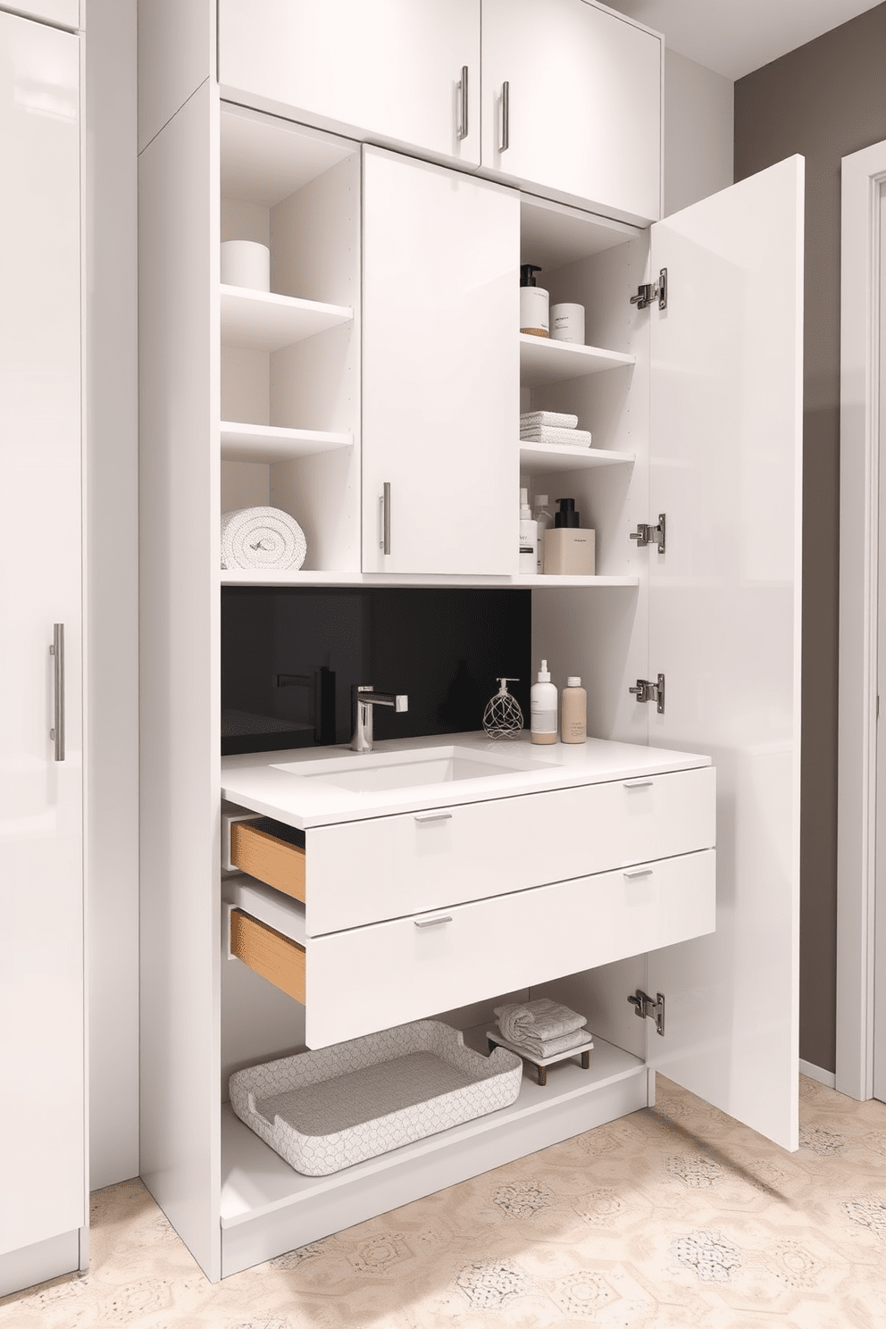 Smart storage solutions for organized spaces. A sleek bathroom cabinet with multiple compartments and pull-out drawers maximizes functionality while maintaining a clean aesthetic. The cabinet features a glossy white finish and minimalist hardware for a modern look. Soft-close hinges ensure a quiet and gentle operation, enhancing the overall user experience.