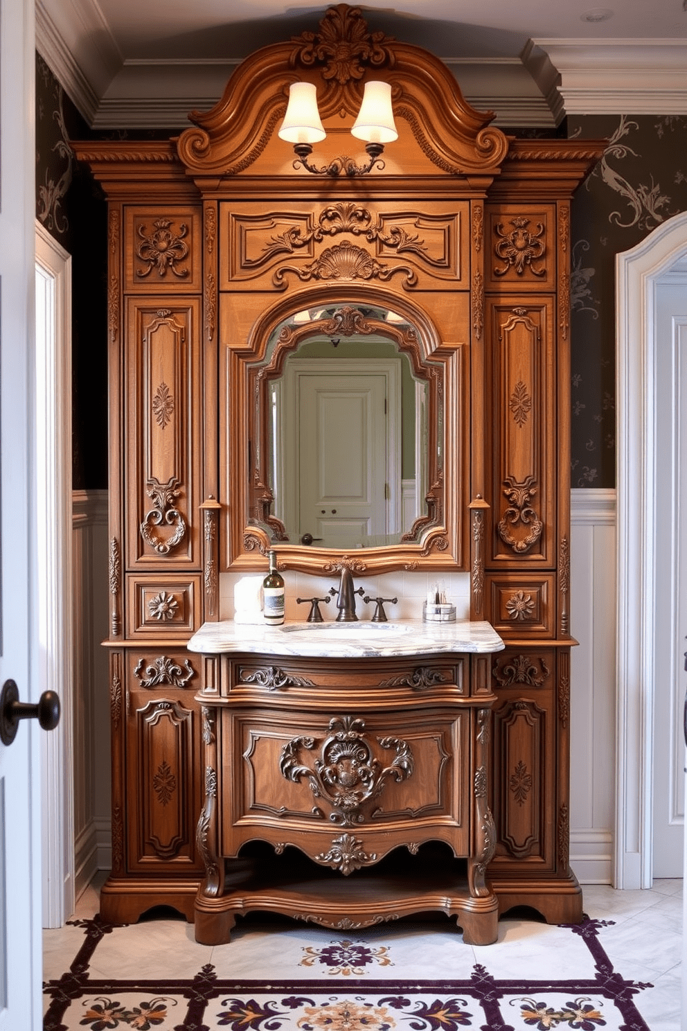 Vintage inspired cabinets with ornate details create a charming focal point in any bathroom. The intricate carvings and rich wood tones bring warmth and character to the space. Pair these cabinets with elegant hardware to enhance their classic appeal. Soft lighting accentuates the ornate features, creating a cozy and inviting atmosphere.