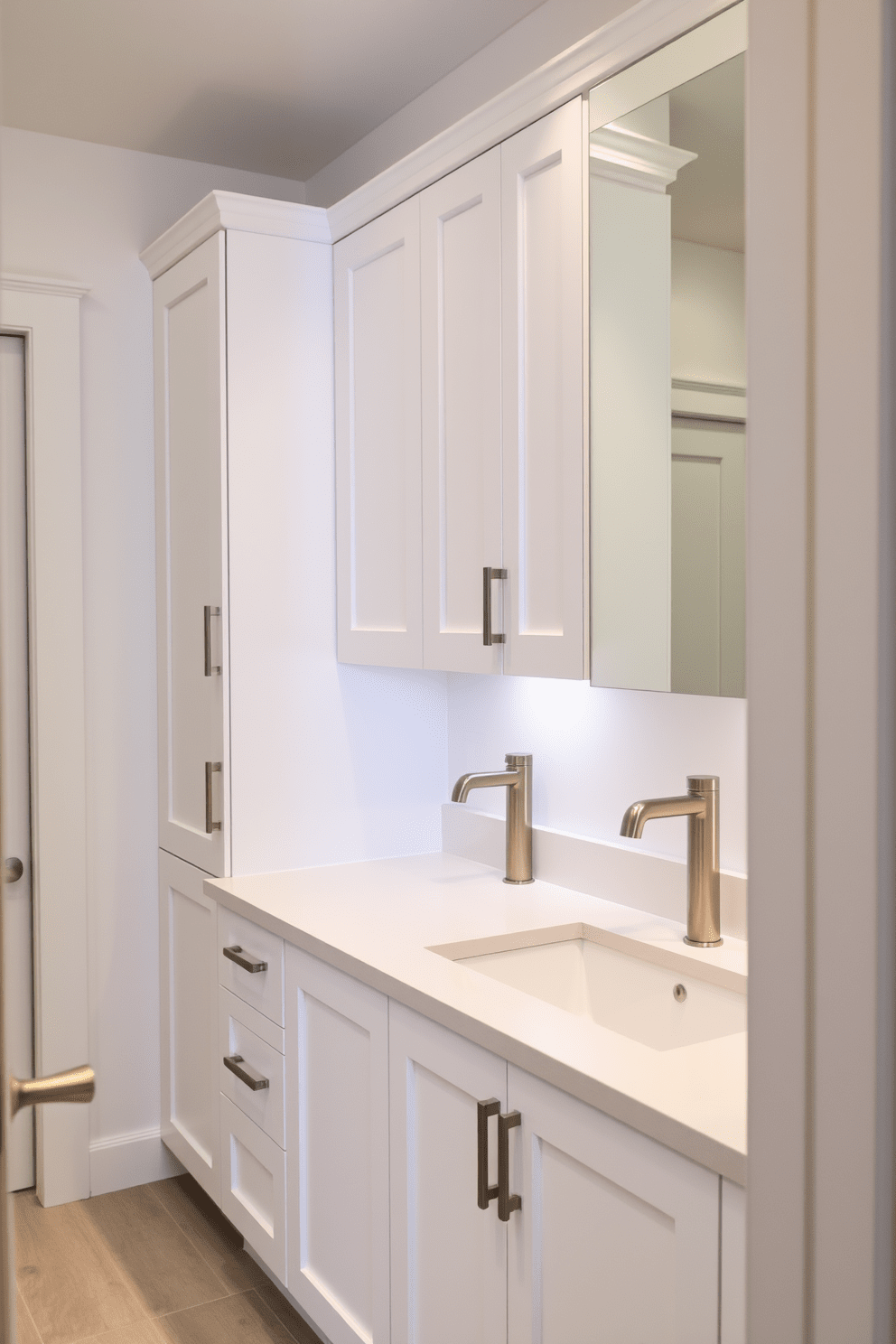 A serene bathroom space featuring minimalist white cabinets that emphasize clean aesthetics. The cabinets are sleek and handle-less, seamlessly blending into the surrounding walls for a streamlined look. The countertop is adorned with a simple vessel sink, complemented by modern fixtures in brushed nickel. Soft ambient lighting highlights the cabinetry, creating a tranquil atmosphere perfect for relaxation.