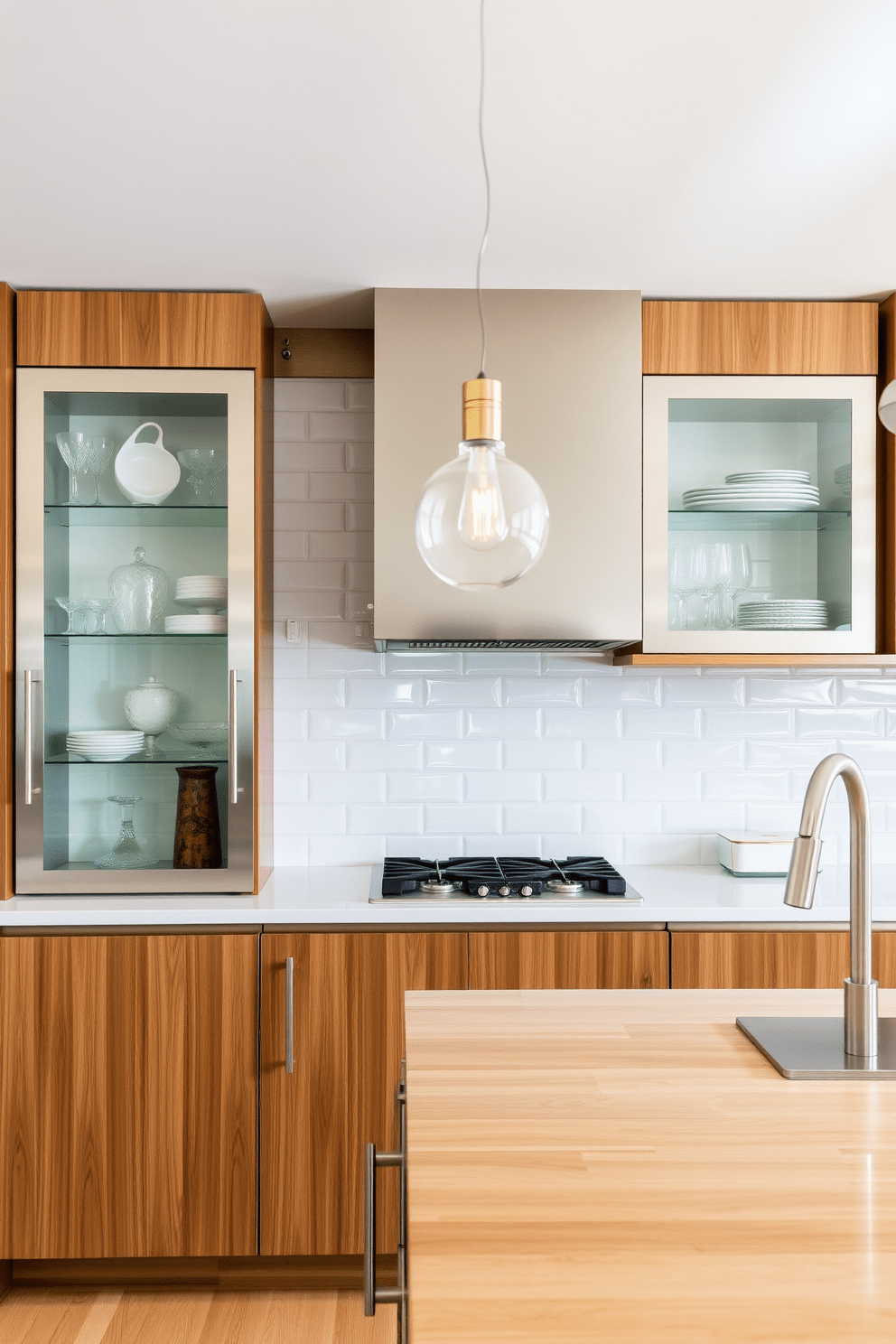 A modern kitchen featuring glass-front cabinets that elegantly showcase fine dishware and glassware. The cabinets are framed in sleek stainless steel, creating a contemporary contrast with the warm wooden tones of the kitchen island. The backsplash is adorned with glossy white subway tiles that reflect light, enhancing the airy feel of the space. A stylish pendant light hangs above the island, illuminating the countertop and adding a touch of sophistication.