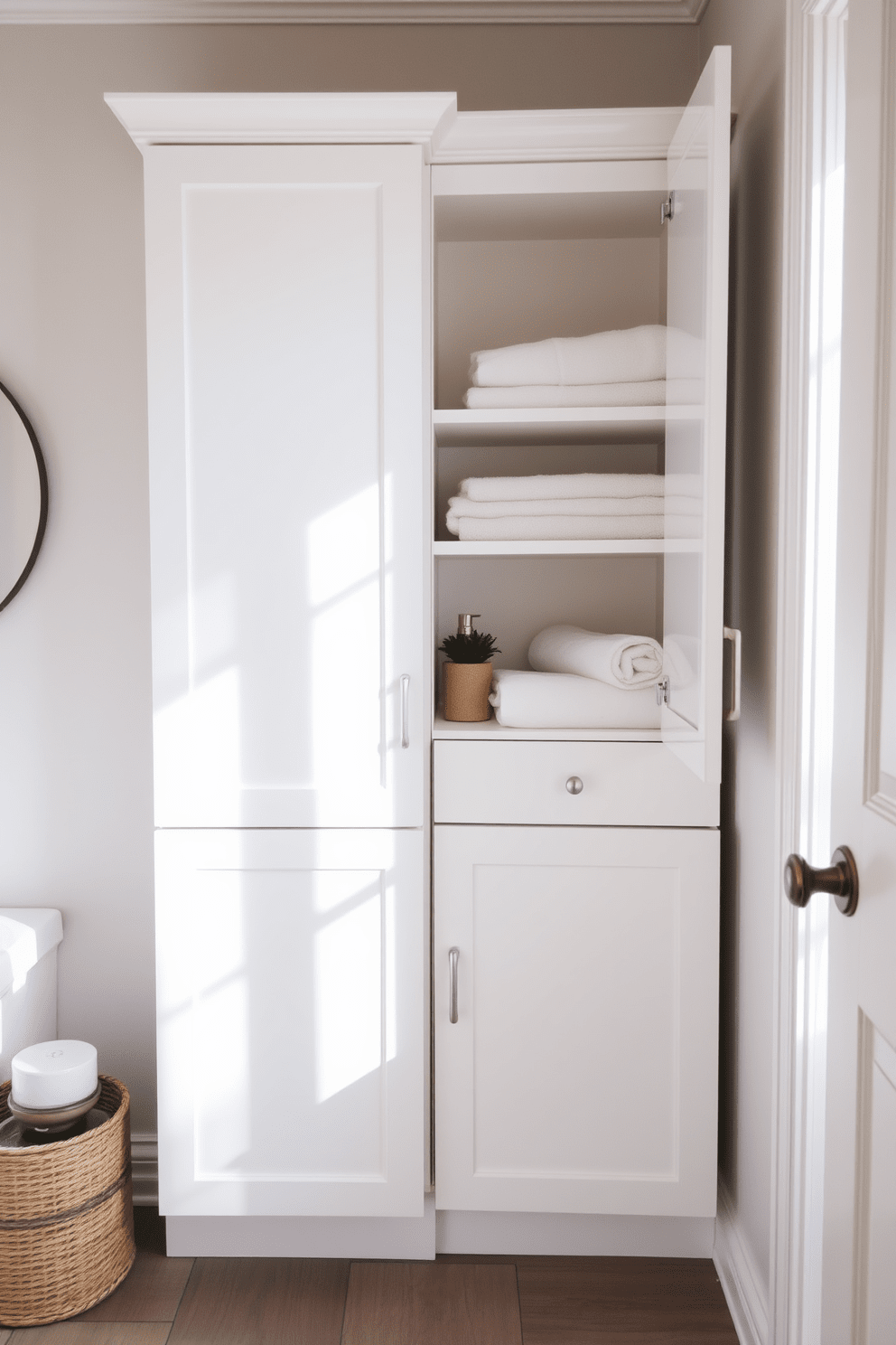 A corner cabinet designed to maximize space features sleek lines and a soft white finish. It is adorned with minimalist hardware and offers ample storage for toiletries and linens. The cabinet is positioned in a cozy bathroom nook, seamlessly blending into the corner while providing practical functionality. Natural light filters in, highlighting the cabinet's clean design and enhancing the room's airy feel.