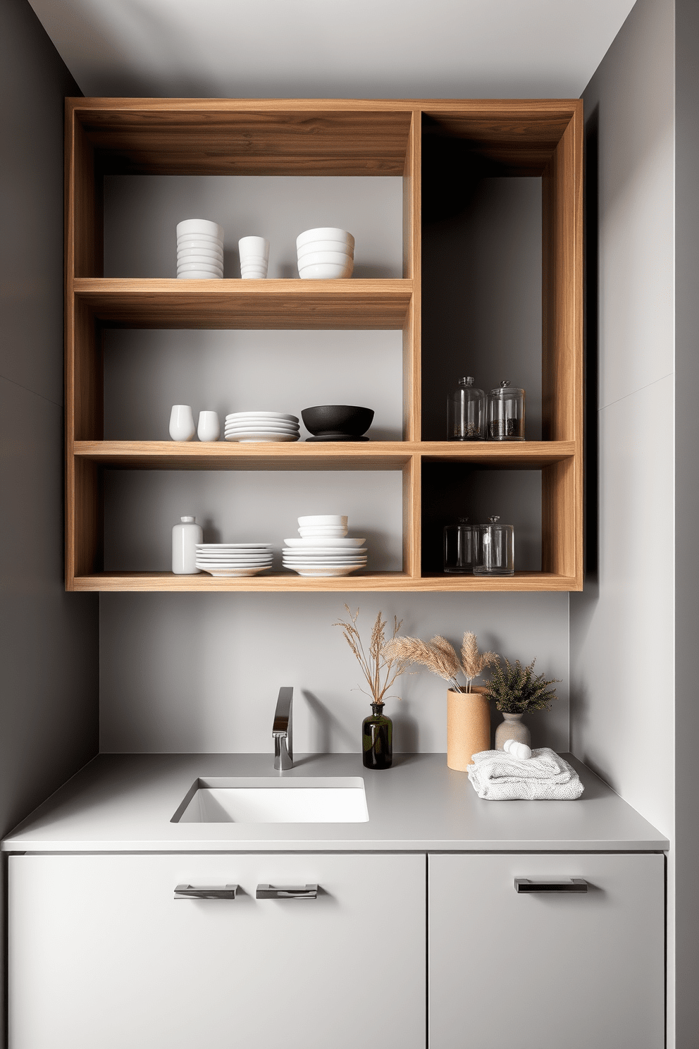 Open shelving design featuring a combination of natural wood and sleek metal accents. The shelves are arranged in a staggered pattern, displaying neatly organized kitchenware and decorative items for a modern yet functional look. A stylish bathroom cabinet with a minimalist aesthetic, showcasing a smooth matte finish in soft gray. The cabinet doors are equipped with recessed handles, creating a seamless appearance that enhances the overall elegance of the space.