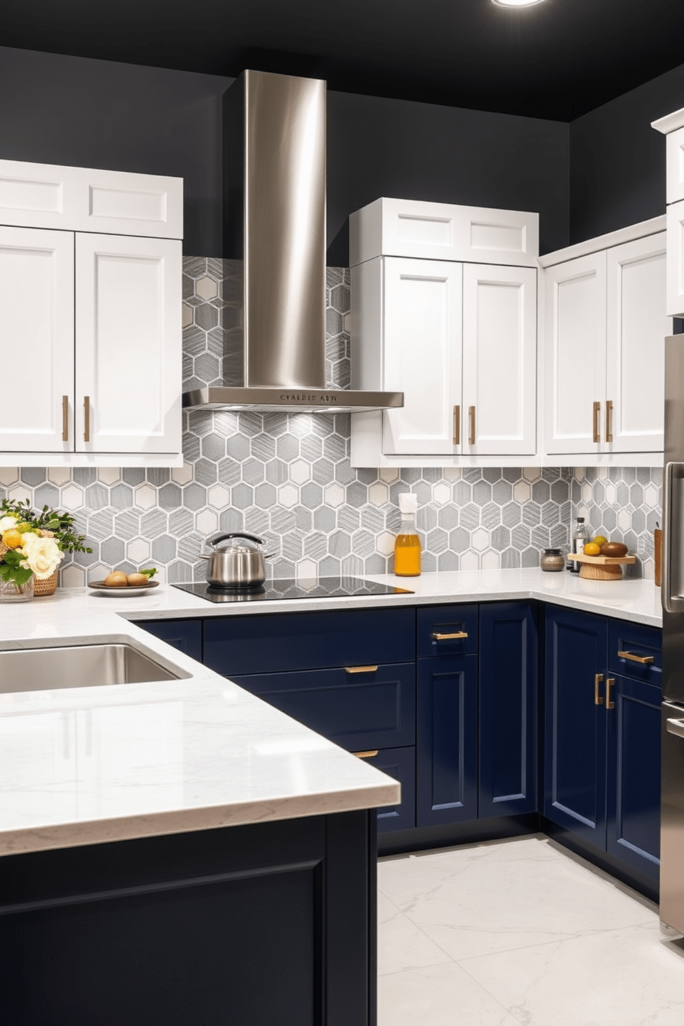 A stylish kitchen featuring two-tone cabinets that create a striking visual contrast. The upper cabinets are a soft white, while the lower cabinets are a deep navy blue, enhancing the overall aesthetic. The countertops are made of polished quartz, providing a sleek surface for meal preparation. A modern backsplash with geometric tiles complements the cabinetry, adding texture and depth to the design.