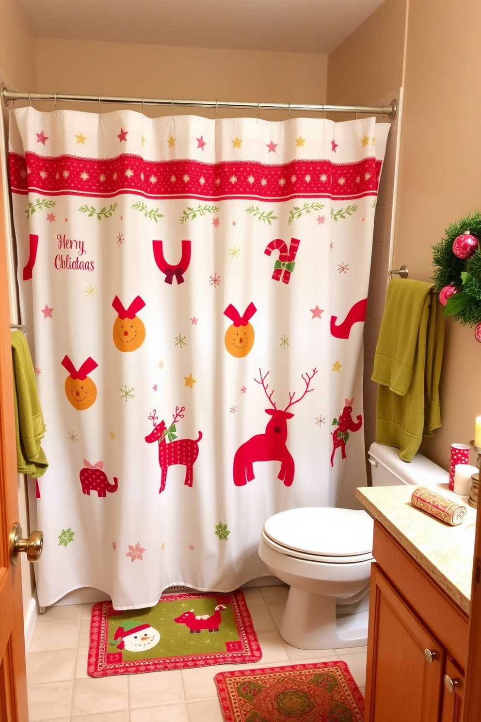 A festive shower curtain adorned with cheerful holiday motifs creates a joyful atmosphere in the bathroom. The vibrant colors and playful designs bring a touch of Christmas spirit to the space, making it feel warm and inviting. Decorative accents like matching towels and themed bath mats complement the shower curtain beautifully. Adding small festive touches such as holiday-themed candles or ornaments on the countertop enhances the overall decor while maintaining a cozy feel.