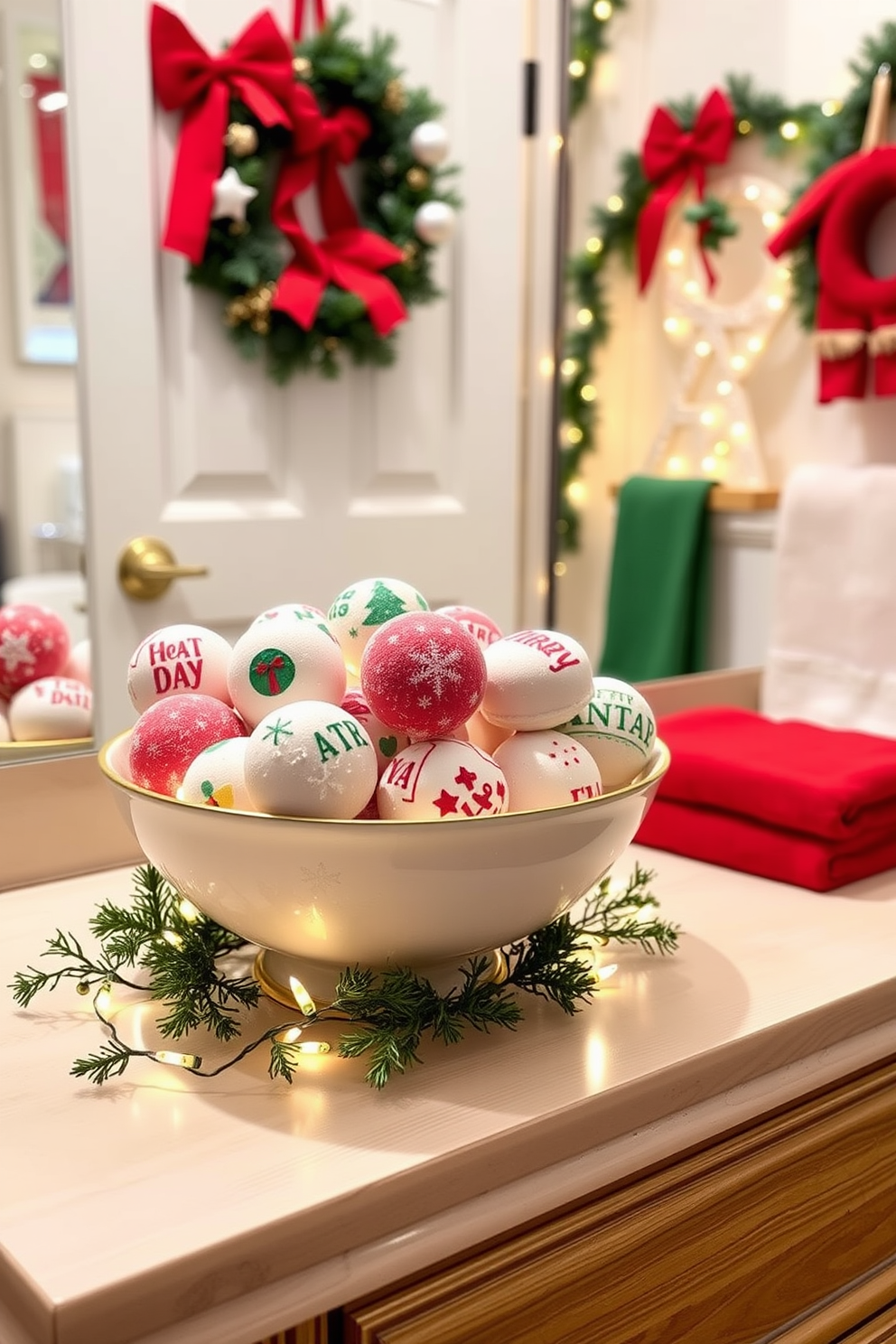 A festive bowl filled with colorful holiday-themed bath bombs sits elegantly on a wooden vanity. Surrounding the bowl are twinkling fairy lights and small evergreen branches, creating a cozy Christmas atmosphere. The bathroom is adorned with cheerful decorations, including a wreath on the door and garlands draped along the shelves. Soft red and green towels are neatly arranged, adding a touch of holiday spirit to the space.