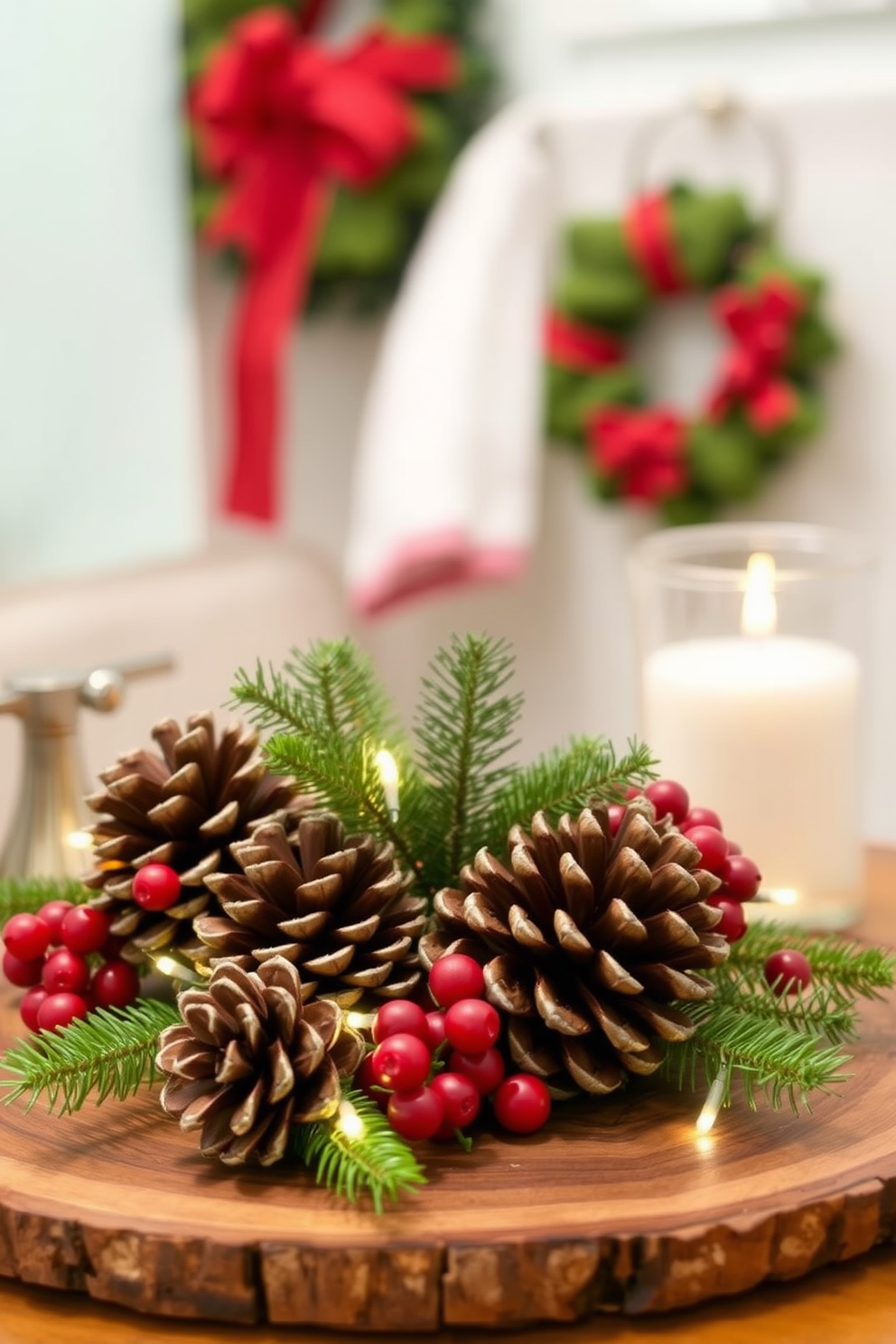 Create a festive bathroom setting adorned with pinecone and berry centerpieces. The arrangement features natural pinecones interspersed with vibrant red berries, elegantly displayed on a rustic wooden tray. Incorporate seasonal touches such as a small evergreen branch and a few twinkling fairy lights. The overall ambiance should evoke a cozy and inviting holiday spirit, perfect for Christmas decorating.