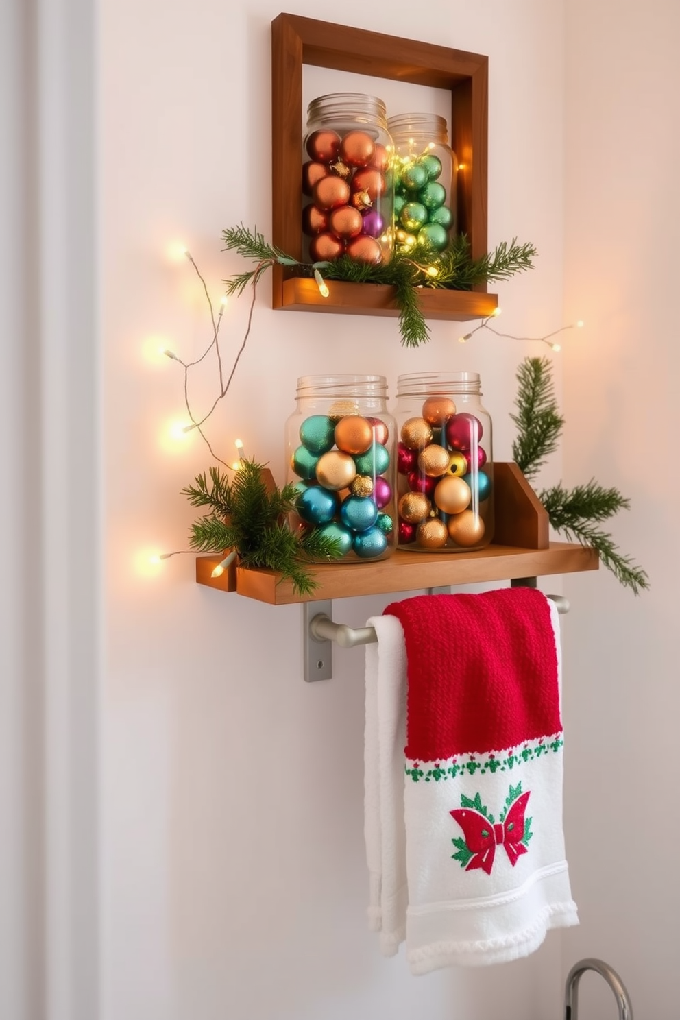 A cozy bathroom setting adorned with decorative jars filled with colorful ornaments. The jars are artfully arranged on a wooden shelf, complemented by festive greenery and twinkling fairy lights. The walls are painted in a soft white, creating a bright and inviting atmosphere. A plush red and green holiday-themed towel hangs from the towel rack, adding a touch of seasonal charm.