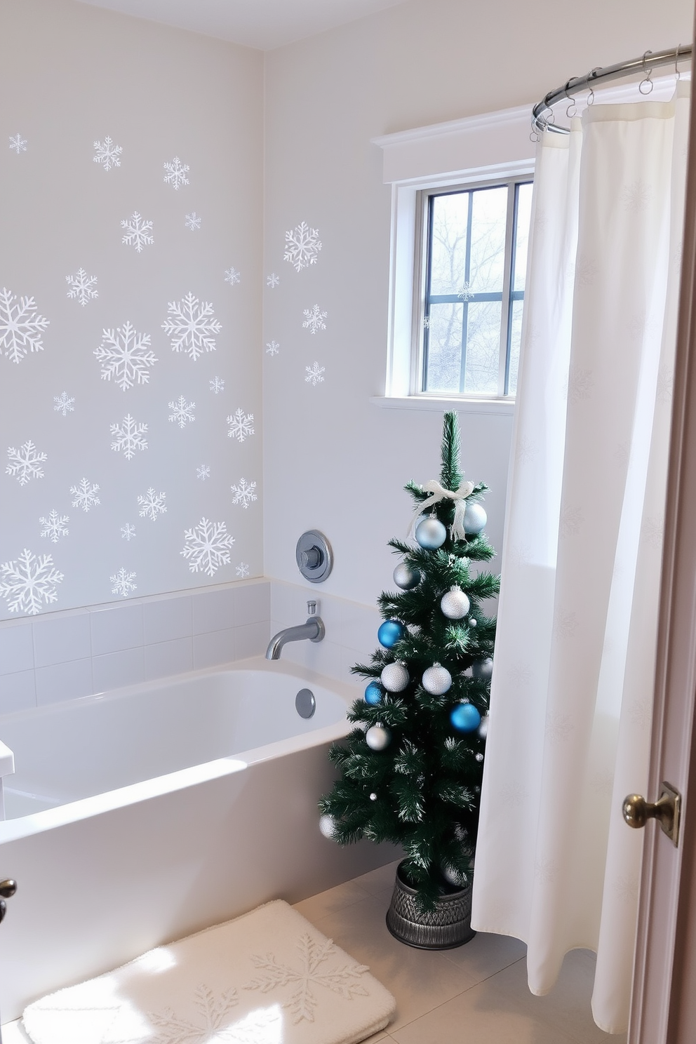 A winter-themed bathroom adorned with snowflake window clings that sparkle in the light. The walls are painted in a soft white, enhancing the festive atmosphere with a touch of elegance. Decorative elements include a plush white bath mat and a matching shower curtain featuring subtle snowflake patterns. A small Christmas tree sits in the corner, decorated with silver and blue ornaments to complement the overall design.