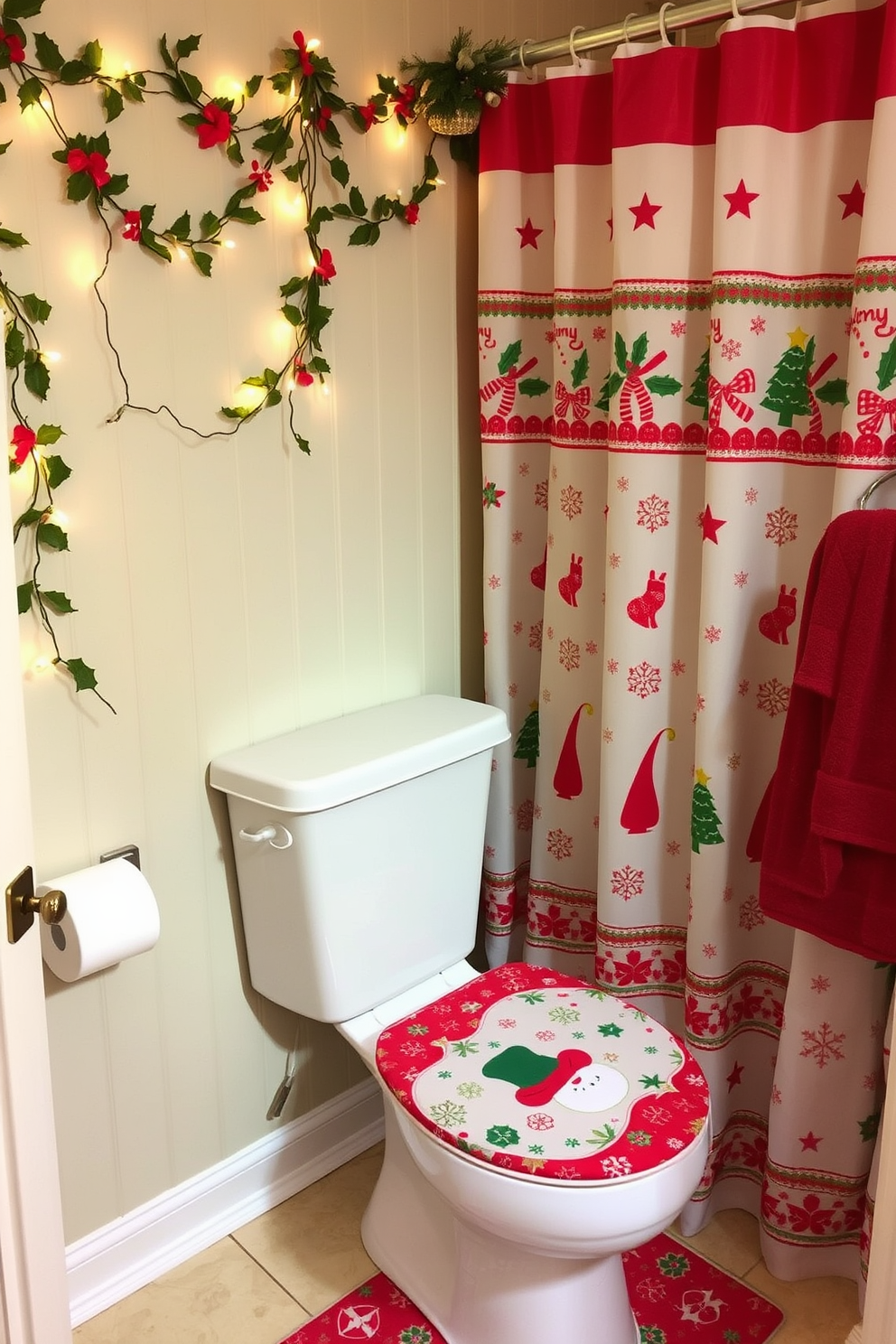 A festive bathroom setting featuring a Christmas-themed toilet seat cover adorned with vibrant red and green patterns. The walls are decorated with garlands of holly and twinkling fairy lights, creating a warm and inviting atmosphere. A matching shower curtain complements the toilet seat cover, showcasing playful holiday motifs. Accent towels in rich red and white are neatly arranged, adding to the cheerful holiday decor.