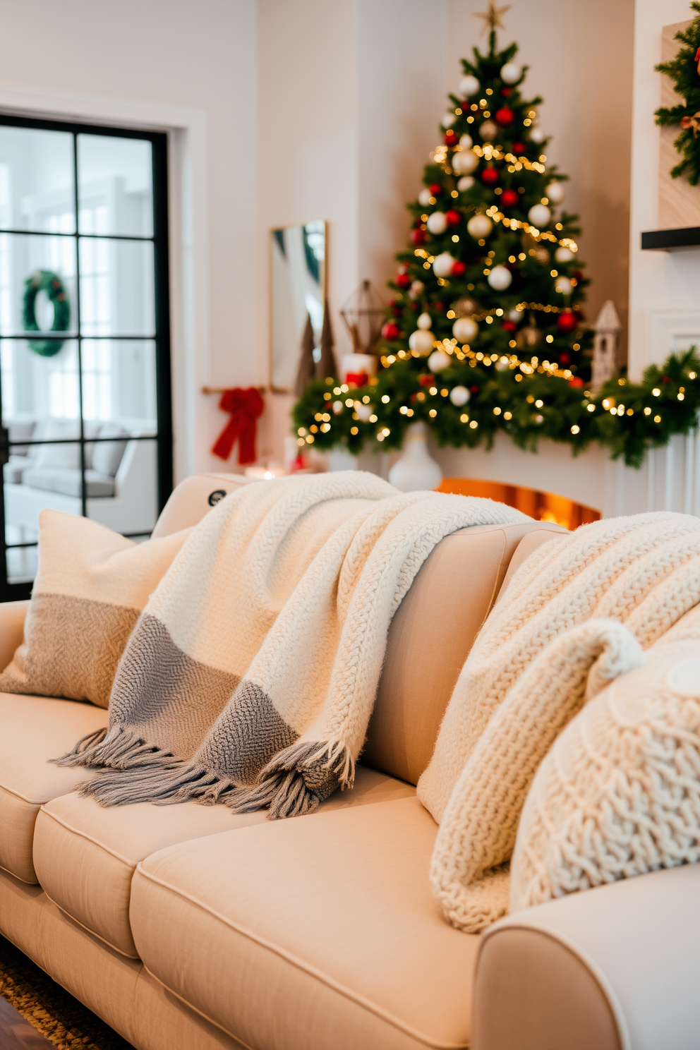 A warm and inviting living room adorned with cozy throw blankets draped over a plush sofa. The space features a festive atmosphere with carefully arranged Christmas decorations, including a beautifully lit tree and garlands adorning the mantel.