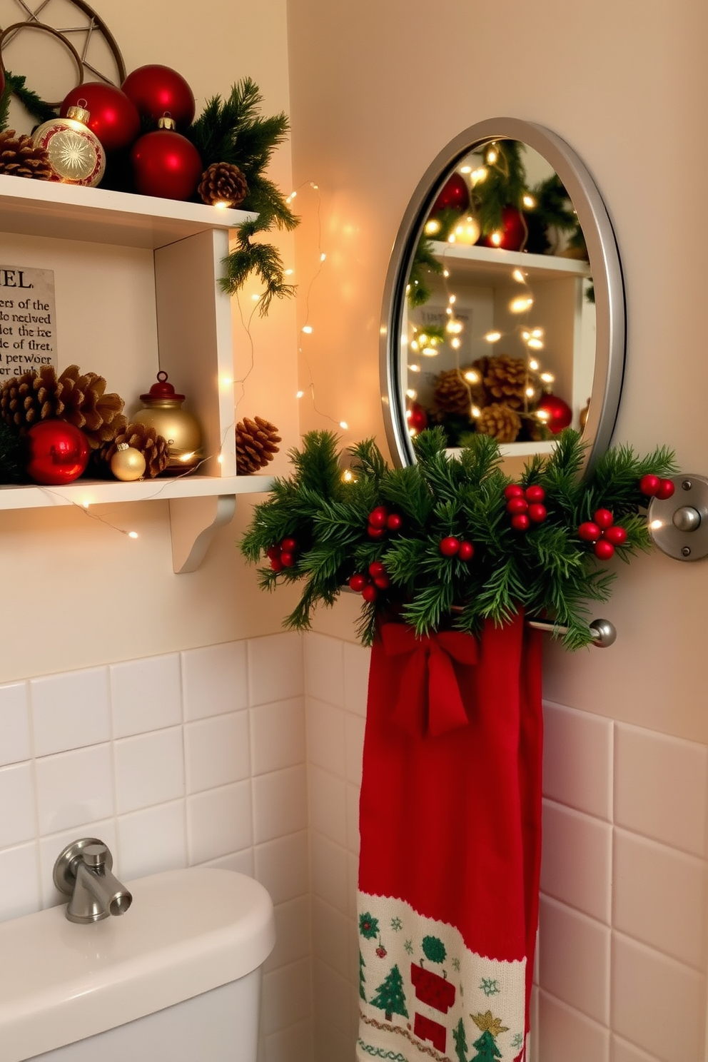 A cozy bathroom adorned with vintage Christmas decorations on shelves. Classic ornaments in red and gold are arranged alongside fragrant pinecones and twinkling fairy lights. The mirror is draped with a garland of fresh greenery, accented with small red bows. A festive towel with a holiday pattern is neatly hung on the rack, adding to the warm ambiance.