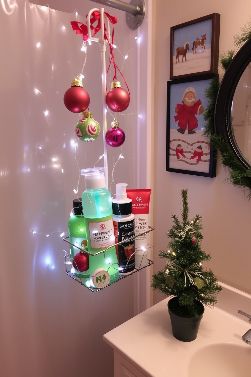 A festive shower caddy adorned with colorful ornaments and twinkling fairy lights creates a cheerful atmosphere. The caddy is filled with holiday-themed bath products, including peppermint-scented shower gel and cranberry body scrub. The walls are decorated with holiday garlands and cheerful artwork featuring winter scenes. A small potted Christmas tree sits on the bathroom counter, adding a touch of seasonal charm to the space.