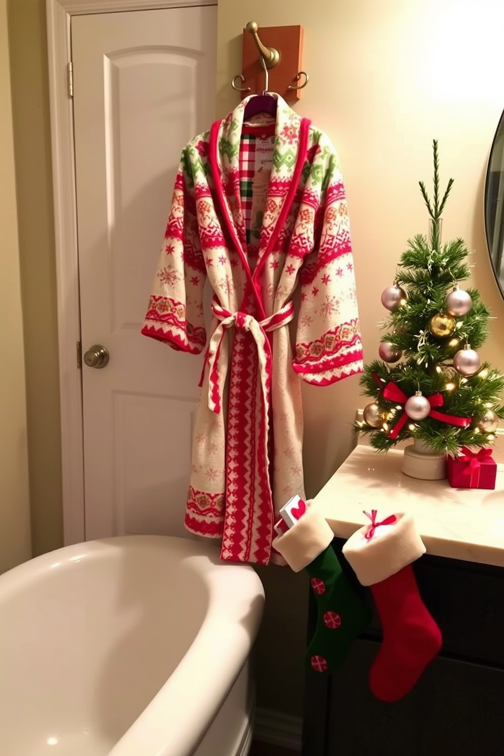 A cozy holiday-themed bathrobe hangs gracefully on a wooden hook near the bathroom door. The robe features festive patterns in red and green, adding a cheerful touch to the space. Decorative elements include a small evergreen tree adorned with twinkling lights placed on the countertop. Stockings filled with small gifts are draped over the edge of the bathtub, enhancing the Christmas spirit.