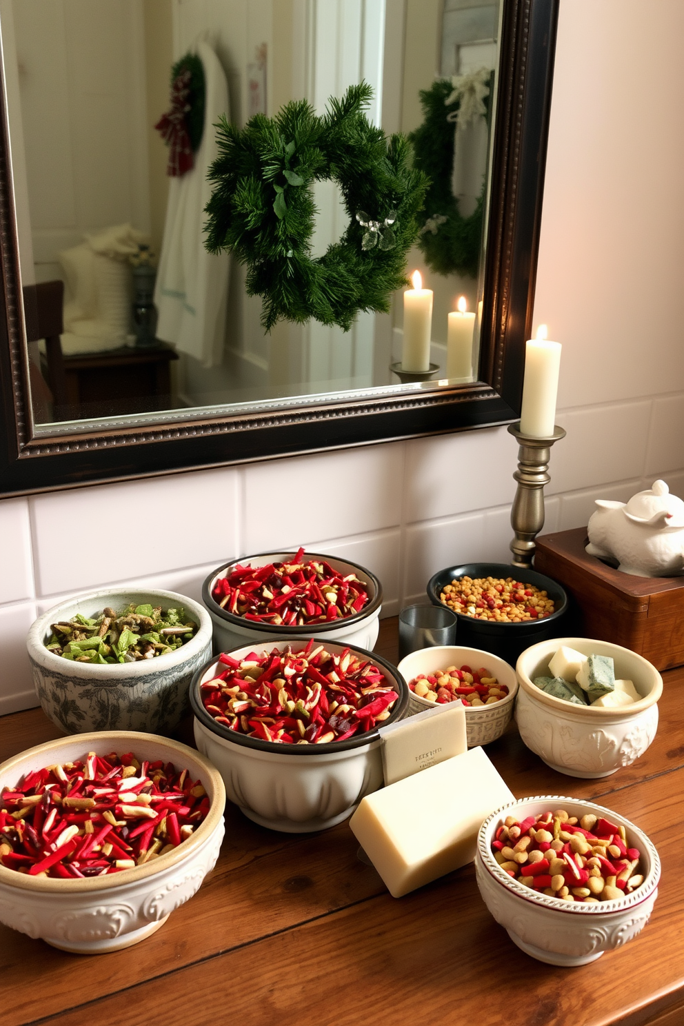 A collection of decorative bowls filled with seasonal potpourri is arranged on a rustic wooden table. The vibrant colors and natural textures of the potpourri create a warm and inviting atmosphere. For a festive bathroom, consider adding Christmas-themed decorations such as a small evergreen wreath on the mirror. Soft candlelight and holiday-scented soaps enhance the cozy ambiance of the space.