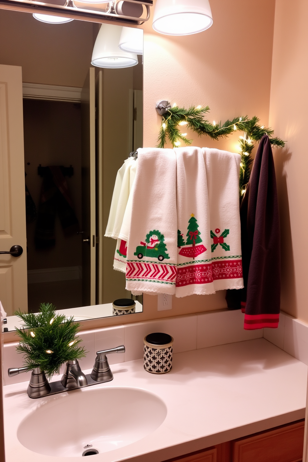 A cozy bathroom adorned with holiday-themed hand towels displayed neatly on a decorative rack. The towels feature festive patterns and colors, adding a cheerful touch to the space. The bathroom is enhanced with subtle Christmas decorations, such as a small evergreen arrangement on the countertop and twinkling fairy lights strung along the mirror. Soft, warm lighting creates an inviting atmosphere perfect for the holiday season.