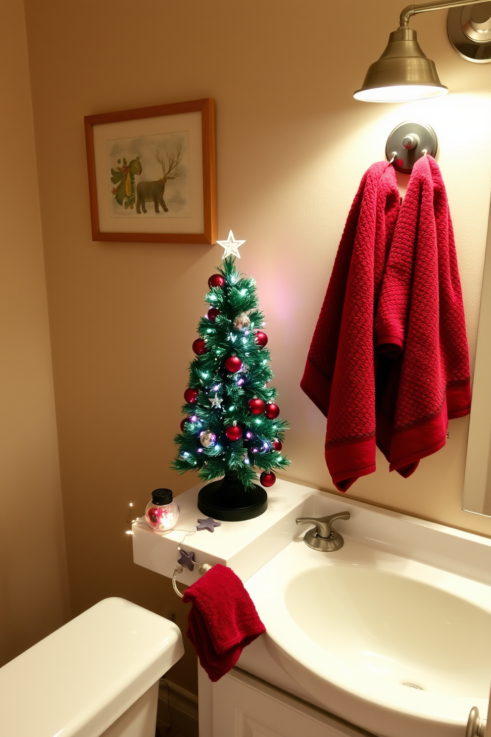 A cozy bathroom adorned for the holidays features a beautifully decorated Christmas tree figurine perched on the countertop. Surrounding the figurine are festive accents like mini ornaments and twinkling fairy lights that enhance the warm ambiance. The walls are adorned with subtle holiday-themed artwork, complementing the seasonal decor. Soft, plush towels in rich red and green hues hang neatly, adding a touch of comfort and cheer to the festive atmosphere.