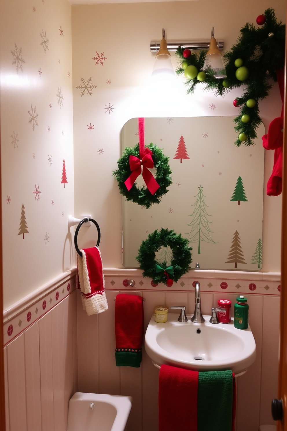 Create a cozy bathroom atmosphere adorned with holiday-themed wall decals featuring festive designs such as snowflakes and Christmas trees. The walls are complemented by soft lighting and a touch of greenery, enhancing the seasonal charm. Incorporate decorative elements like a red and green color scheme with towels and bath mats that reflect the spirit of Christmas. A small wreath can be hung on the mirror, adding a personal touch to the festive decor.