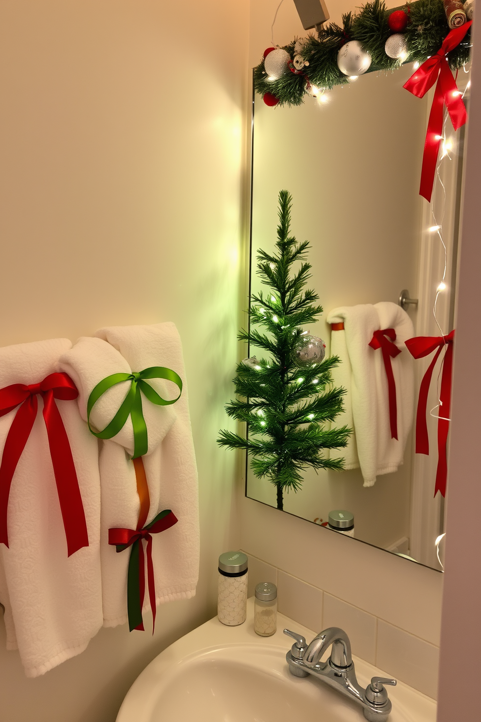 A festive bathroom setting adorned with colorful ribbons tied around neatly folded towels. The space is enhanced with Christmas decorations, featuring a small evergreen tree in the corner and twinkling fairy lights draped along the mirror.