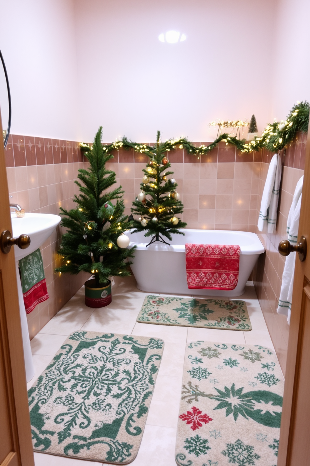 A cozy bathroom adorned with holiday-themed rugs that add warmth and festive charm. The rugs feature intricate patterns of snowflakes and Christmas trees, enhancing the seasonal atmosphere. Delicate ornaments and twinkling lights are carefully placed on the bathroom shelves. A small evergreen tree sits in one corner, bringing a touch of nature and holiday spirit to the space.