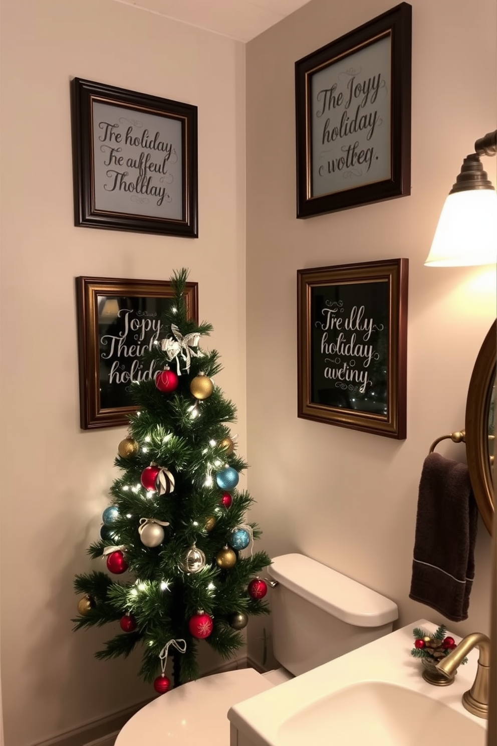 Joyful holiday quotes framed on walls create a warm and inviting atmosphere. The quotes are elegantly displayed in festive frames that complement the overall decor. Bathroom Christmas decorating ideas include a beautifully adorned Christmas tree placed in one corner. Soft white lights and colorful ornaments add a cheerful touch to the space.