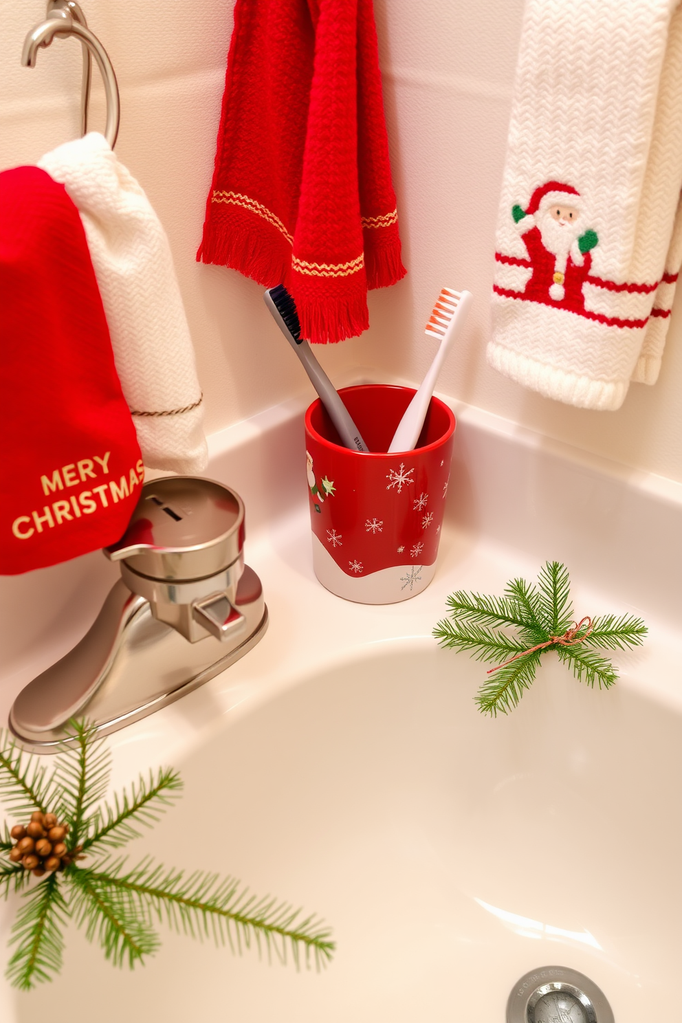 A festive bathroom setting adorned with a Christmas-themed toothbrush holder and matching cup. The holder features a playful design with Santa and snowflakes, adding a cheerful touch to the vanity. The cup complements the holder with a vibrant red color and gold accents, perfect for the holiday season. Surrounding the sink, small decorative elements like pine branches and holiday-themed towels enhance the Christmas spirit in the bathroom.