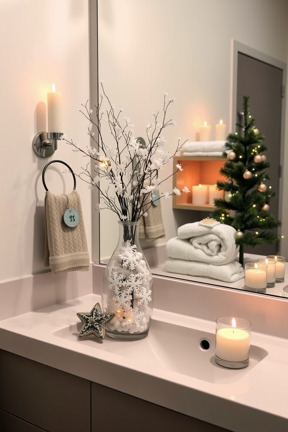 A beautifully arranged vase filled with faux snow decorations sits on a sleek bathroom countertop. The vase is surrounded by festive accents, including small ornaments and twinkling fairy lights. On the bathroom shelves, plush towels are folded neatly next to a small evergreen tree adorned with delicate ornaments. The mirror reflects the warm glow of candles placed strategically around the space, creating a cozy holiday atmosphere.