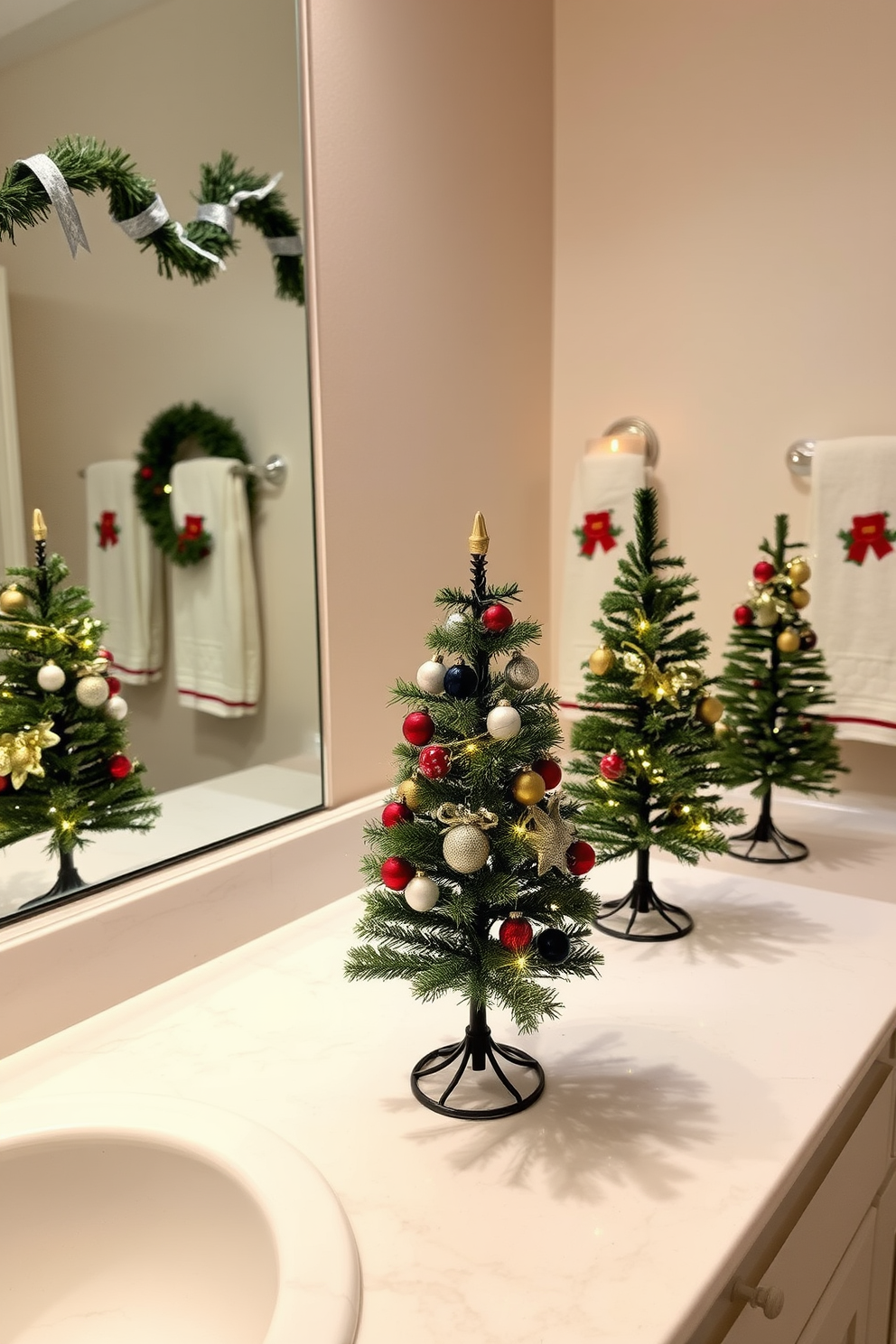 Miniature Christmas trees are artfully arranged on countertops, creating a festive and cozy atmosphere. Each tree is adorned with delicate ornaments and twinkling lights, adding a touch of holiday charm to the space. The bathroom features subtle Christmas decorations, including garlands draped over mirrors and festive towels. Soft candlelight enhances the seasonal spirit, making the bathroom a warm retreat during the holidays.