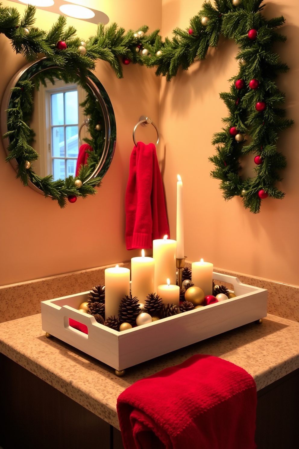 A cozy bathroom adorned for the holiday season. A decorative tray featuring an assortment of candles in varying heights sits on the countertop, surrounded by pinecones and small ornaments. The walls are draped with festive garlands and a plush red towel is neatly hung by the sink. Soft, warm lighting enhances the inviting atmosphere, creating a perfect space for relaxation during the holidays.