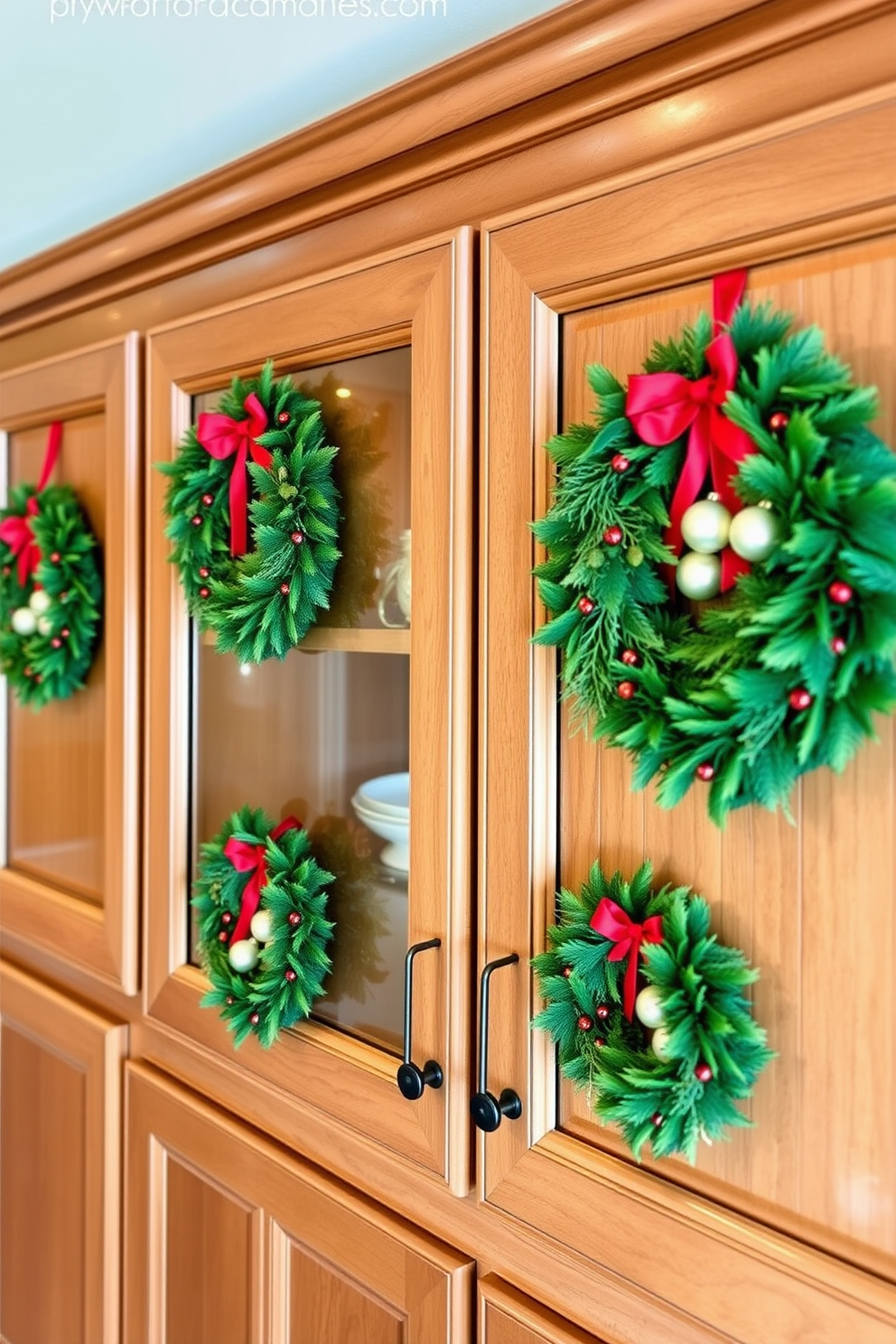 Mini wreaths adorn the cabinet doors, adding a festive touch to the kitchen. The vibrant greens and reds of the wreaths create a warm and inviting atmosphere for holiday gatherings. Each wreath is carefully crafted with seasonal foliage and delicate ornaments, enhancing the overall charm of the space. Soft, ambient lighting highlights the decorations, making the kitchen feel cozy and cheerful during the holiday season.