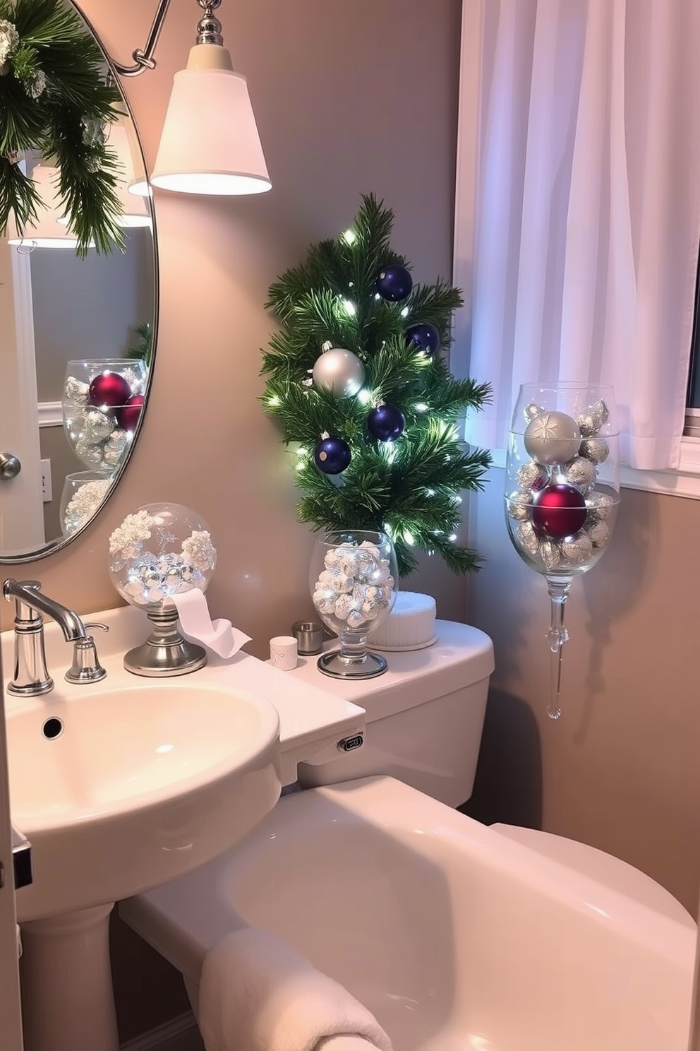 A cozy bathroom adorned with sparkling ornaments displayed in elegant glass containers. The warm glow of soft white lights enhances the festive atmosphere, creating a cheerful holiday spirit.