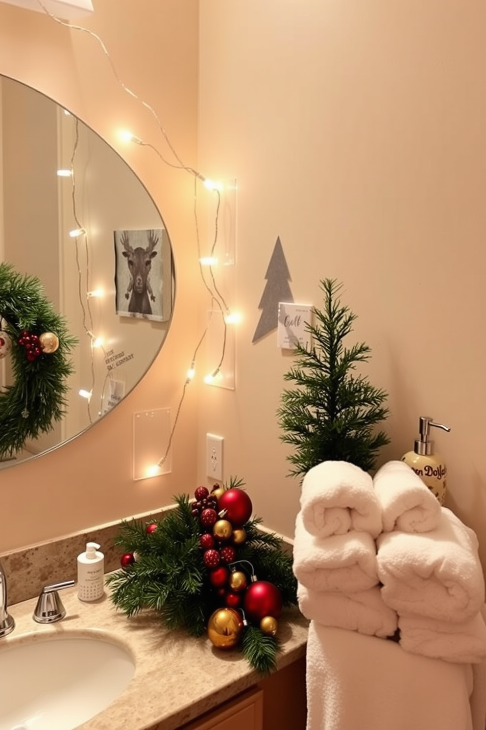 A cozy bathroom adorned for the holidays. String lights are elegantly wrapped around a large round mirror, casting a warm glow throughout the space. Festive decorations include a small evergreen tree on the countertop and red and gold ornaments scattered around. A plush white towel set is neatly arranged next to a decorative soap dispenser, enhancing the festive charm.