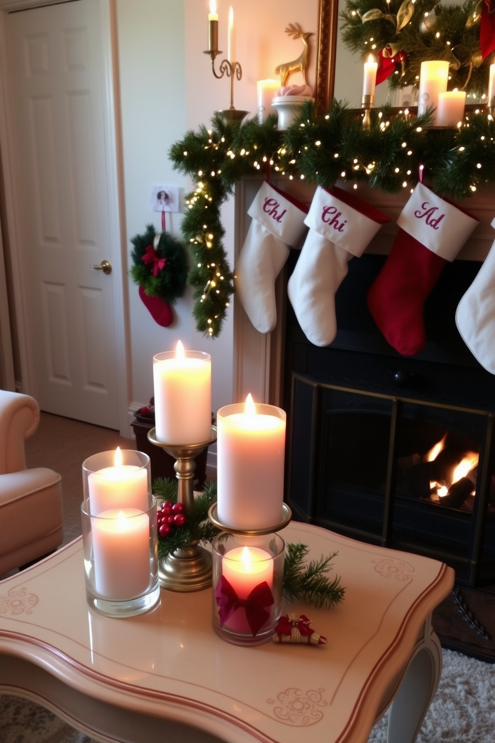 Scented candles are arranged in festive holders, creating a warm and inviting atmosphere. The candles are placed on a beautifully decorated side table adorned with holiday-themed accents. The room features a cozy fireplace, with stockings hung above it, adding to the Christmas charm. Festive garlands drape over the mantel, complementing the flickering candlelight and enhancing the holiday spirit.