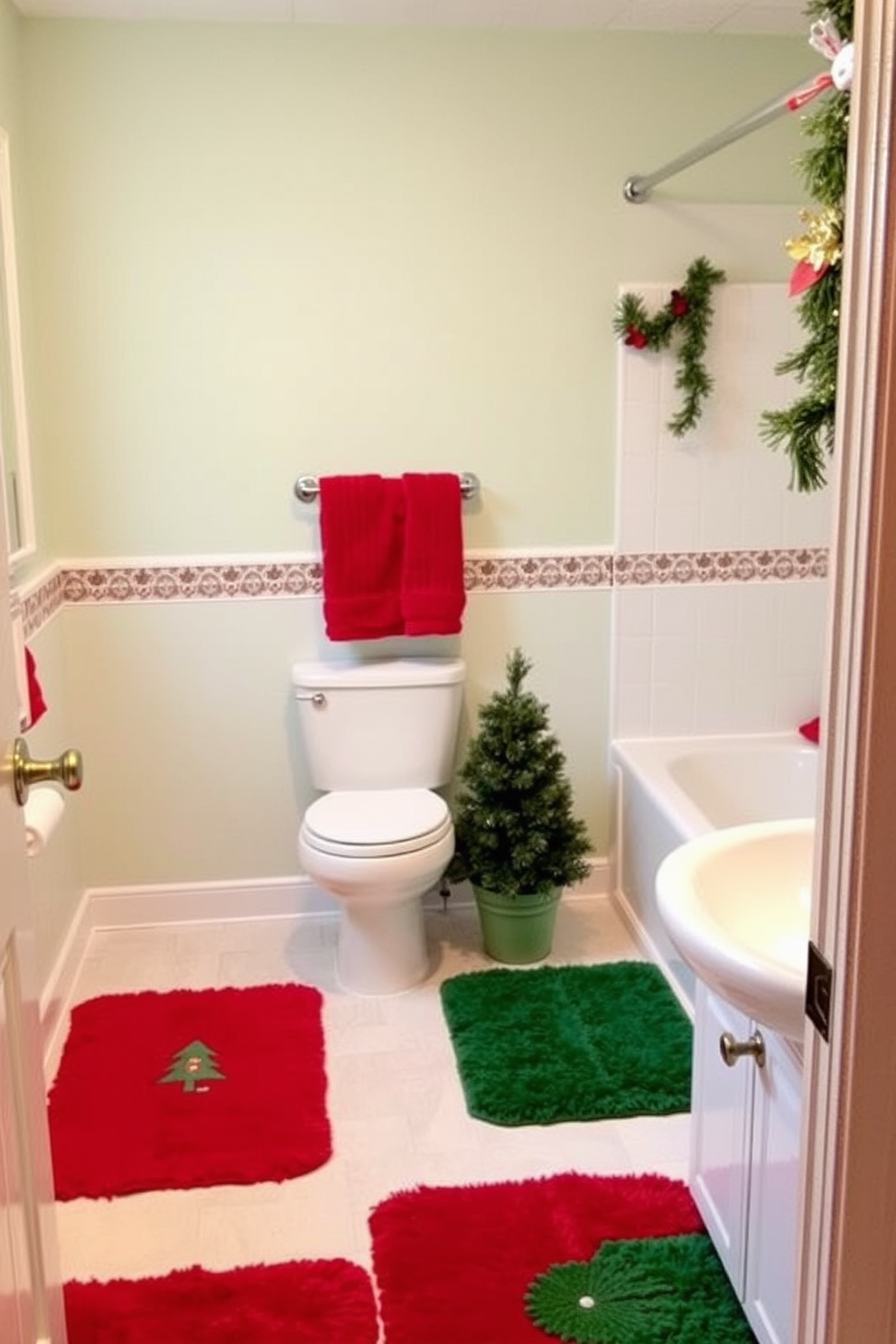 A cozy bathroom adorned with vibrant red and green bath mats that complement the festive atmosphere. The space is enhanced with holiday-themed decorations, including a small evergreen tree in the corner and garlands draped over the towel rack.