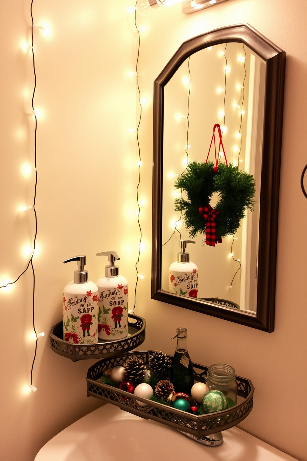 A cozy bathroom adorned with Christmas-themed soap dispensers and decorative trays. The soap dispensers feature festive designs with red and green accents, while the trays are elegantly arranged with pinecones and small ornaments. The walls are draped in soft white lights, creating a warm ambiance. A small evergreen wreath hangs on the mirror, enhancing the holiday spirit throughout the space.