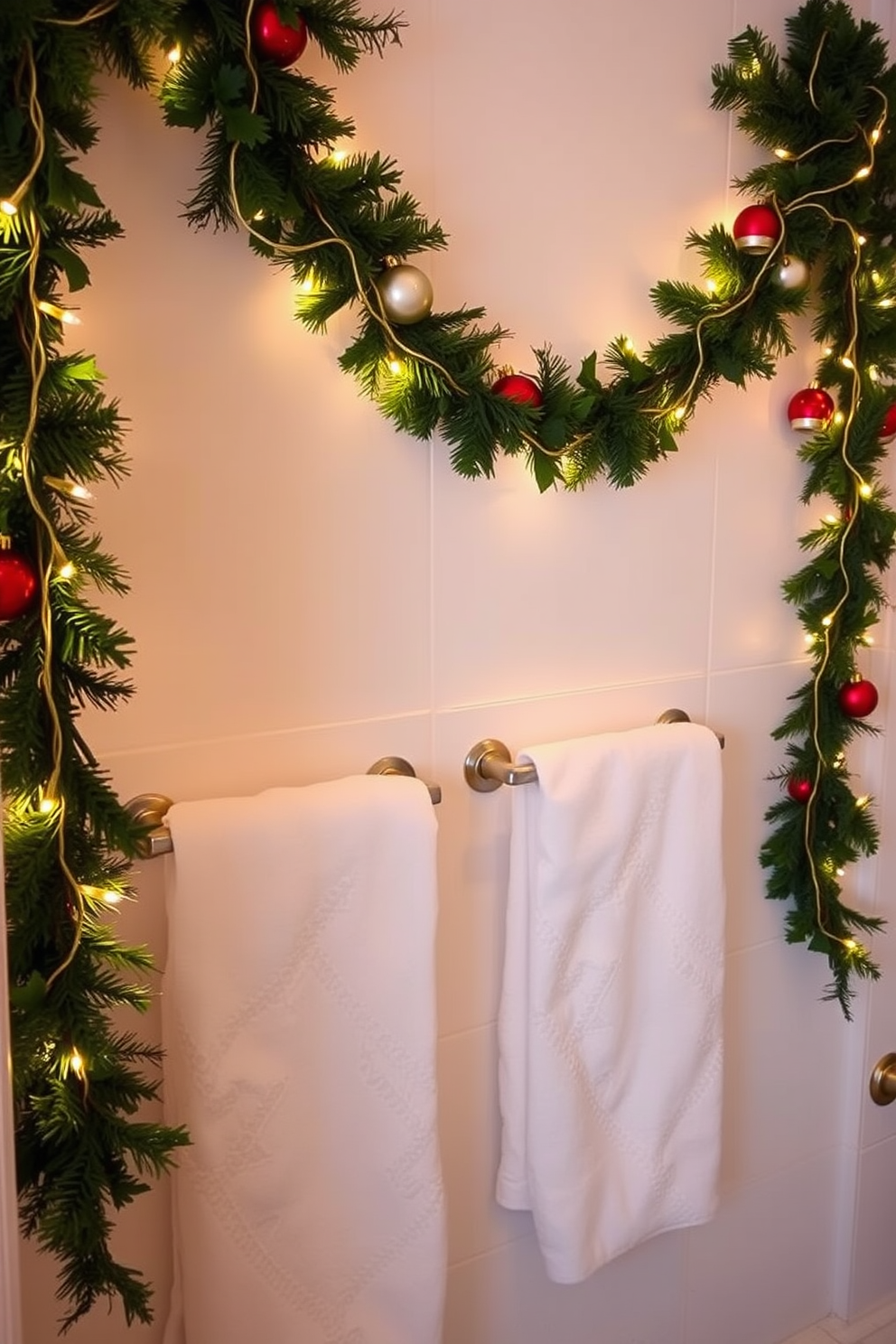 A cozy bathroom adorned for Christmas features garlands draped elegantly over the towel racks. The garlands are lush and green, intertwined with twinkling fairy lights and festive ornaments, creating a warm and inviting atmosphere.