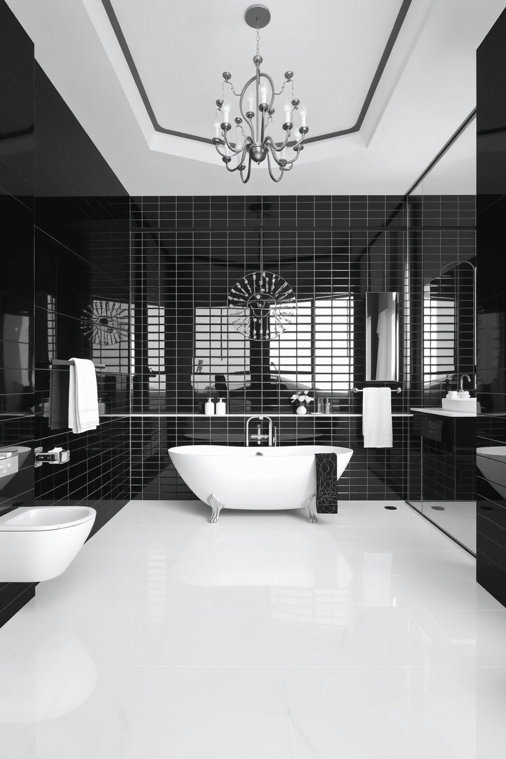 A modern minimalist bathroom features sleek white tiles that create a clean and bright atmosphere. The space is accented with geometric shapes and simple lines, emphasizing functionality and elegance. A freestanding bathtub sits gracefully against a wall of textured white tiles, creating a stunning focal point. Natural light floods the room through a large window, enhancing the serene ambiance and illuminating the subtle decor.