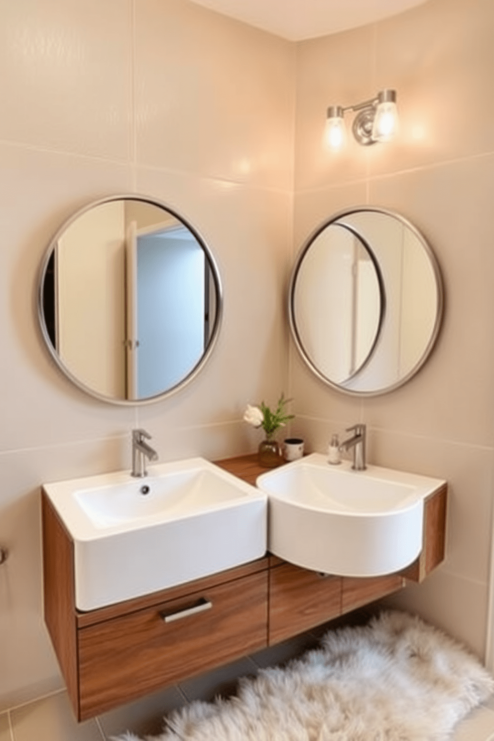 A stylish shared bathroom featuring double sinks set into a sleek wooden vanity. Above the sinks, two large round mirrors with elegant brushed nickel frames reflect the ambient light. The walls are adorned with soft beige tiles, creating a warm and inviting atmosphere. A plush cream rug lies beneath the vanity, adding comfort and texture to the space.