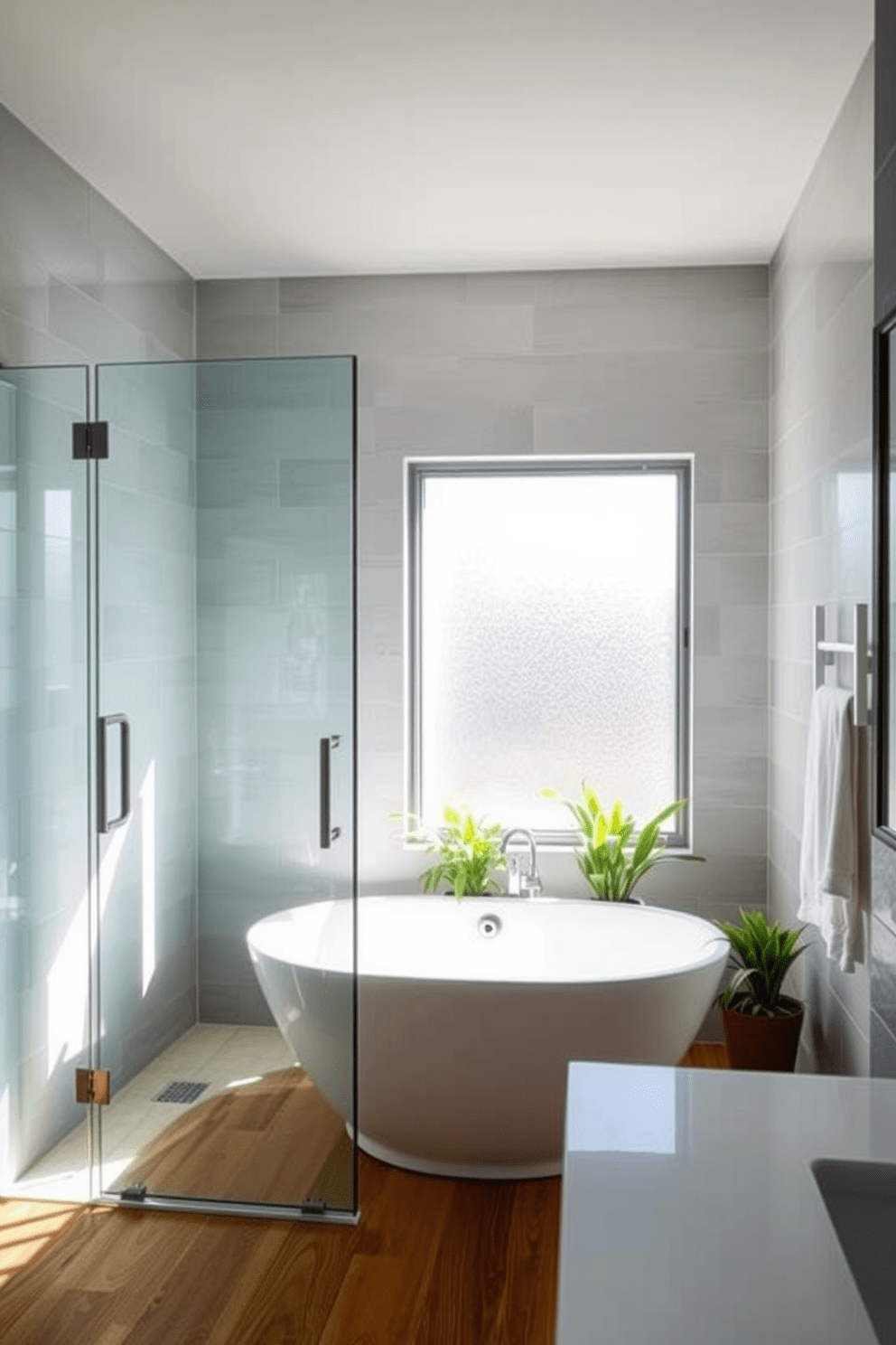 A modern bathroom featuring a sleek glass shower enclosure that enhances the airy atmosphere. The walls are adorned with light gray tiles, and natural light floods the space through a frosted window. A freestanding soaking tub is positioned beside the shower, surrounded by potted greenery for a touch of nature. The floor is finished with warm wood tones, creating a cozy yet elegant environment.