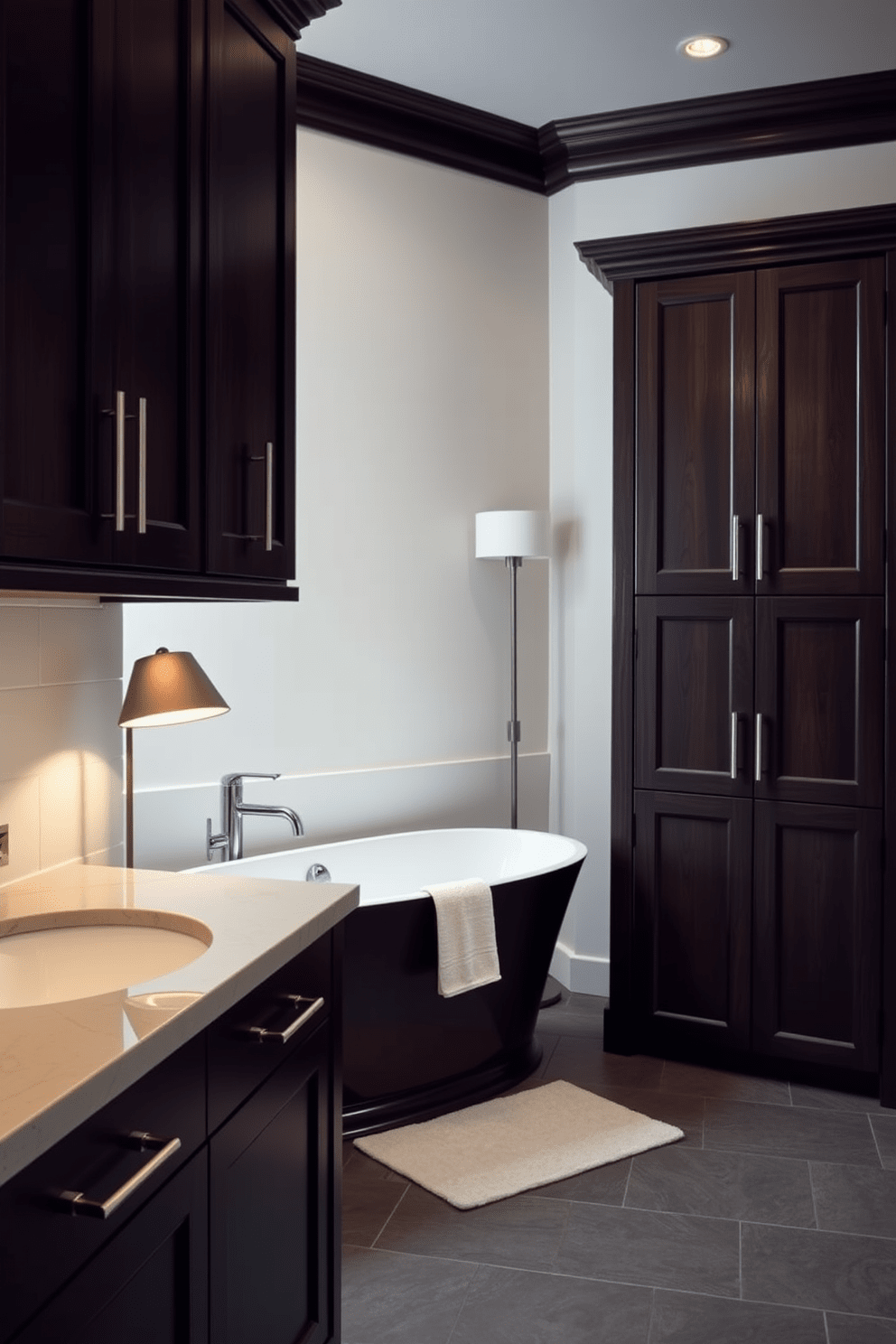 A dramatic bathroom featuring dark cabinetry that contrasts beautifully with lighter elements in the space. The cabinetry is adorned with sleek hardware, providing a modern touch to the overall design. The walls are painted in a soft neutral tone to enhance the richness of the dark wood. A freestanding soaking tub sits elegantly in the corner, accompanied by a stylish floor lamp for ambient lighting.