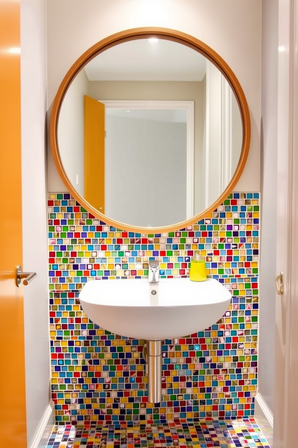 A vibrant bathroom featuring colorful mosaic tiles as a backsplash. The tiles create a stunning focal point behind a sleek white sink and modern faucet. The walls are painted in a soft neutral tone to balance the vivid colors of the tiles. A large circular mirror with a wooden frame hangs above the sink, reflecting the bright design elements.