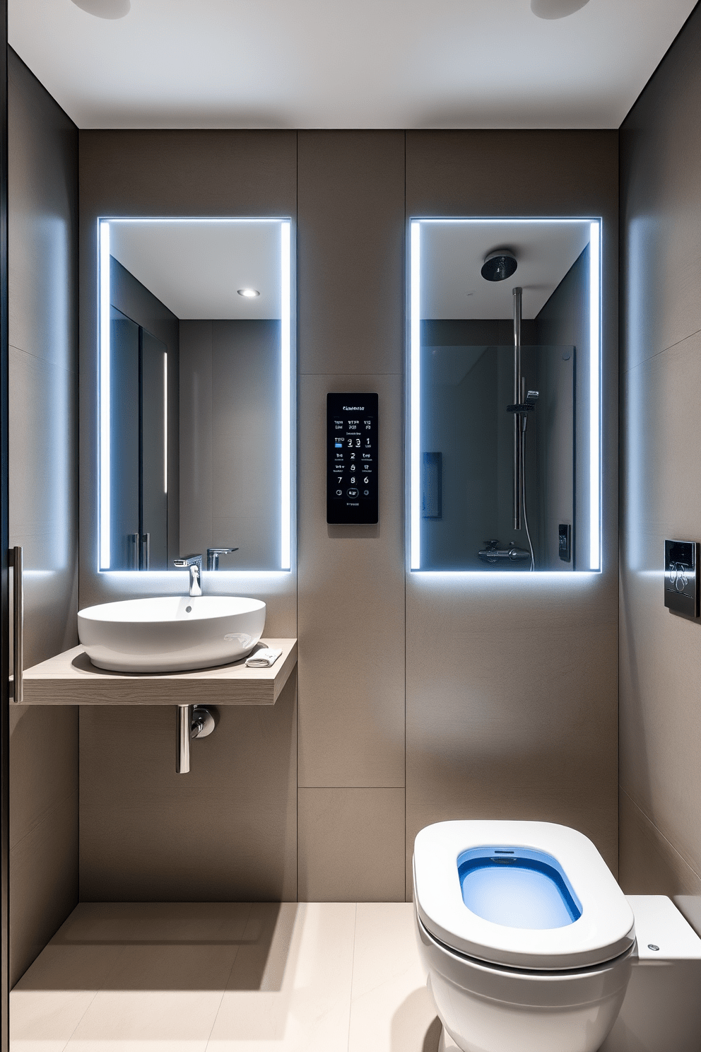 A sleek bathroom design featuring smart technology seamlessly integrated into the space. The mirrors have built-in LED lighting and touch controls for temperature and ambiance adjustments. The shower includes a digital control panel that allows for customized water temperature and pressure settings. A smart toilet with automatic flushing and a heated seat adds an extra layer of luxury and convenience.