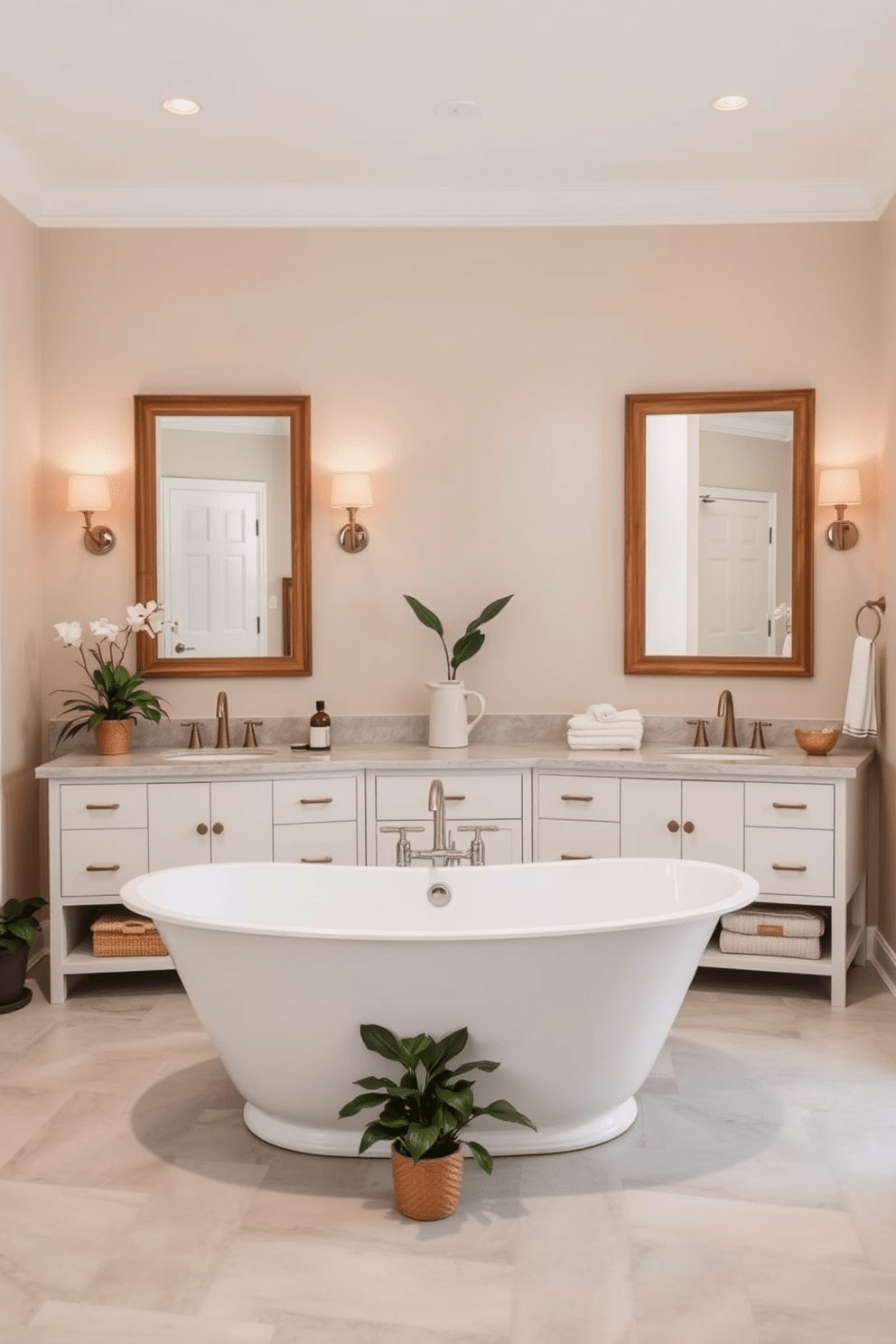 A serene bathroom oasis with a neutral color palette that promotes tranquility. The walls are painted in soft beige, complemented by a light gray tile floor and natural wood accents throughout. A freestanding soaking tub sits at the center, surrounded by potted greenery for a touch of nature. Elegant sconces with warm lighting flank the mirrors above the double vanity, creating a soothing ambiance.