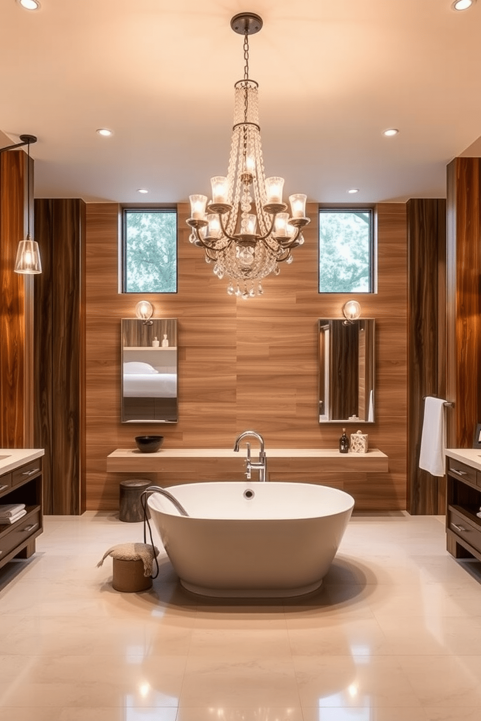 Create a stunning bathroom space that features unique light fixtures to add personality and charm. Incorporate a mix of pendant lights and sconces in various styles, such as vintage or modern, to create an inviting atmosphere. Design a spacious bathroom with a freestanding soaking tub positioned under a beautiful chandelier. Use a combination of warm wood tones and sleek tiles to enhance the overall aesthetic while ensuring the light fixtures stand out as focal points.