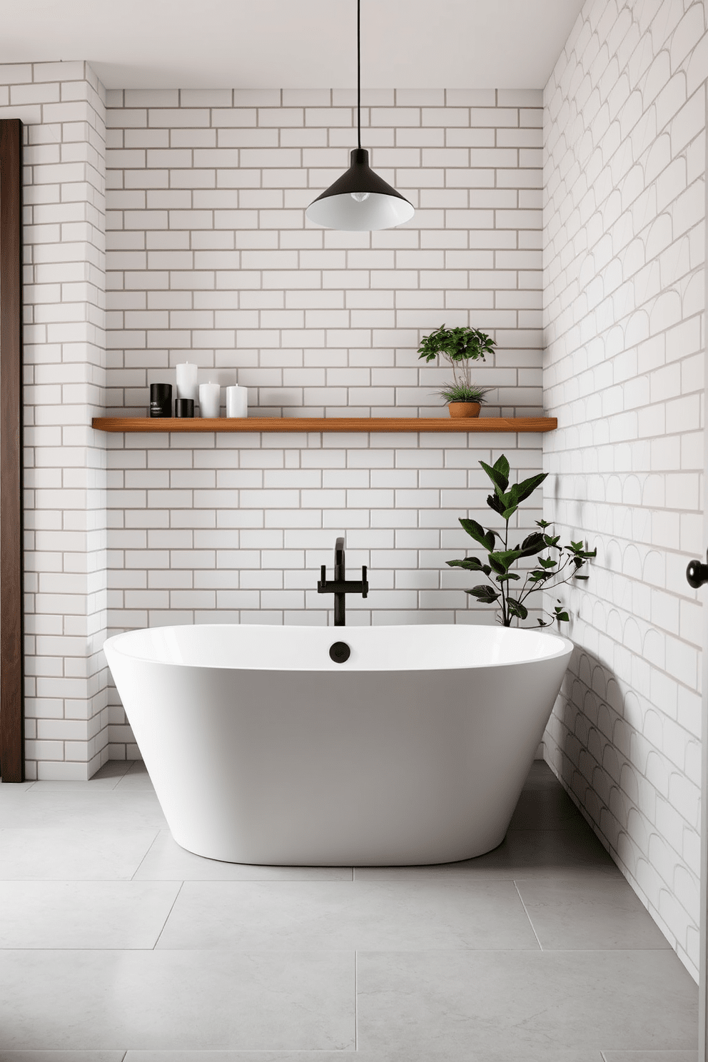 A chic bathroom featuring subway tiles arranged in a herringbone pattern on the walls. The floor is adorned with large format tiles in a soft gray, complementing the elegant design. A freestanding soaking tub is positioned against the wall, surrounded by a sleek wooden shelf holding candles and plants. Above the tub, a modern pendant light adds a touch of sophistication to the space.